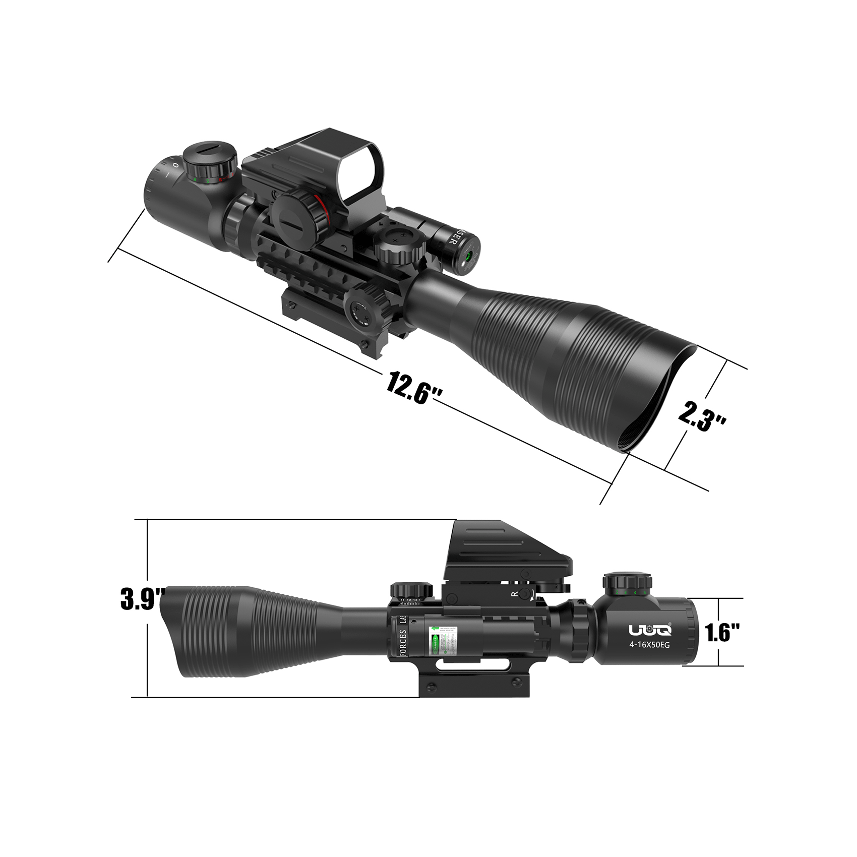 Legion 4-12x50 3 in 1 Combo Scope with Green Laser, detailed diagram showing product dimensions and tactical measurements.