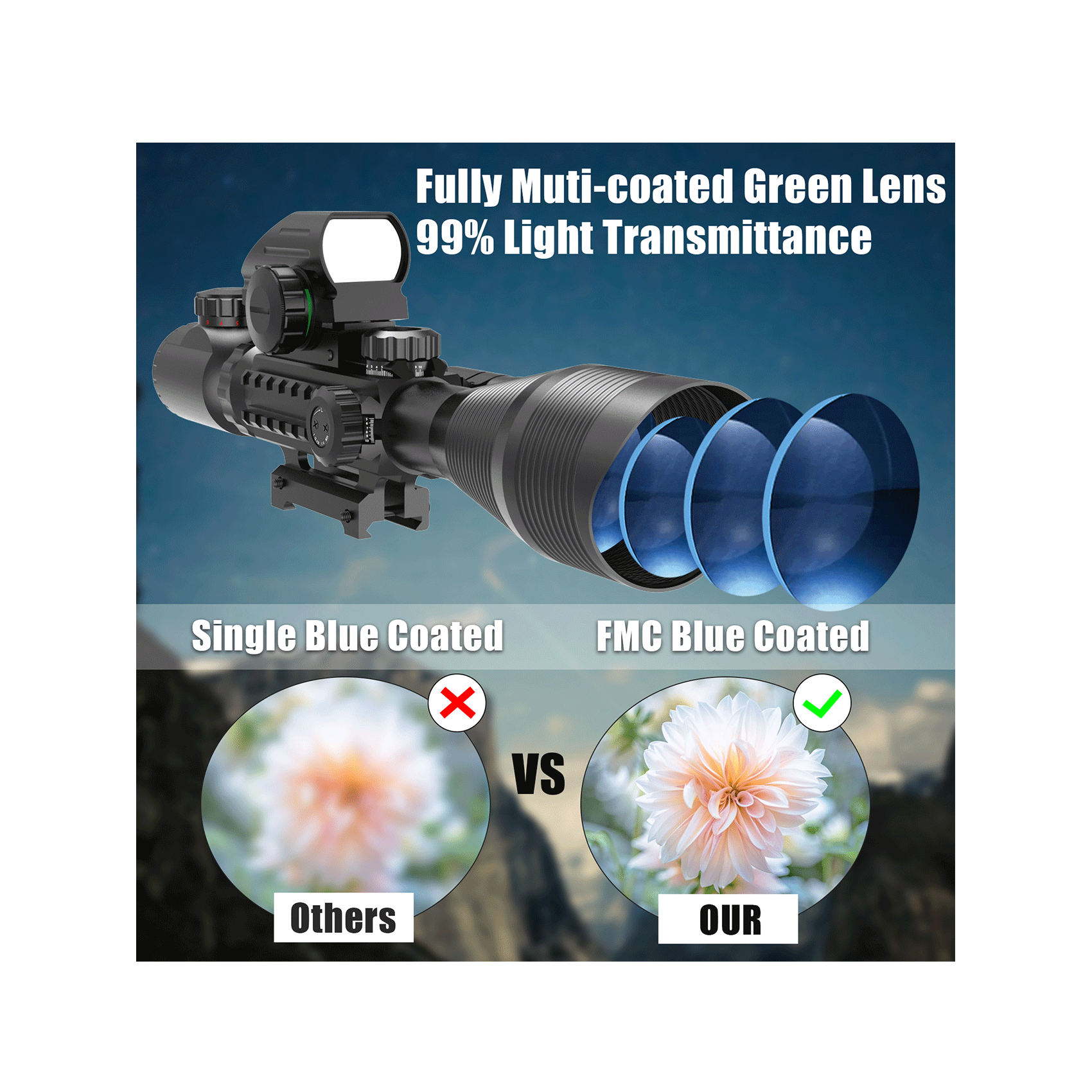 Legion 4-12x50 3 in 1 Combo Scope with Green Laser, featuring FMC lens with 99% light transmittance for superior clarity.