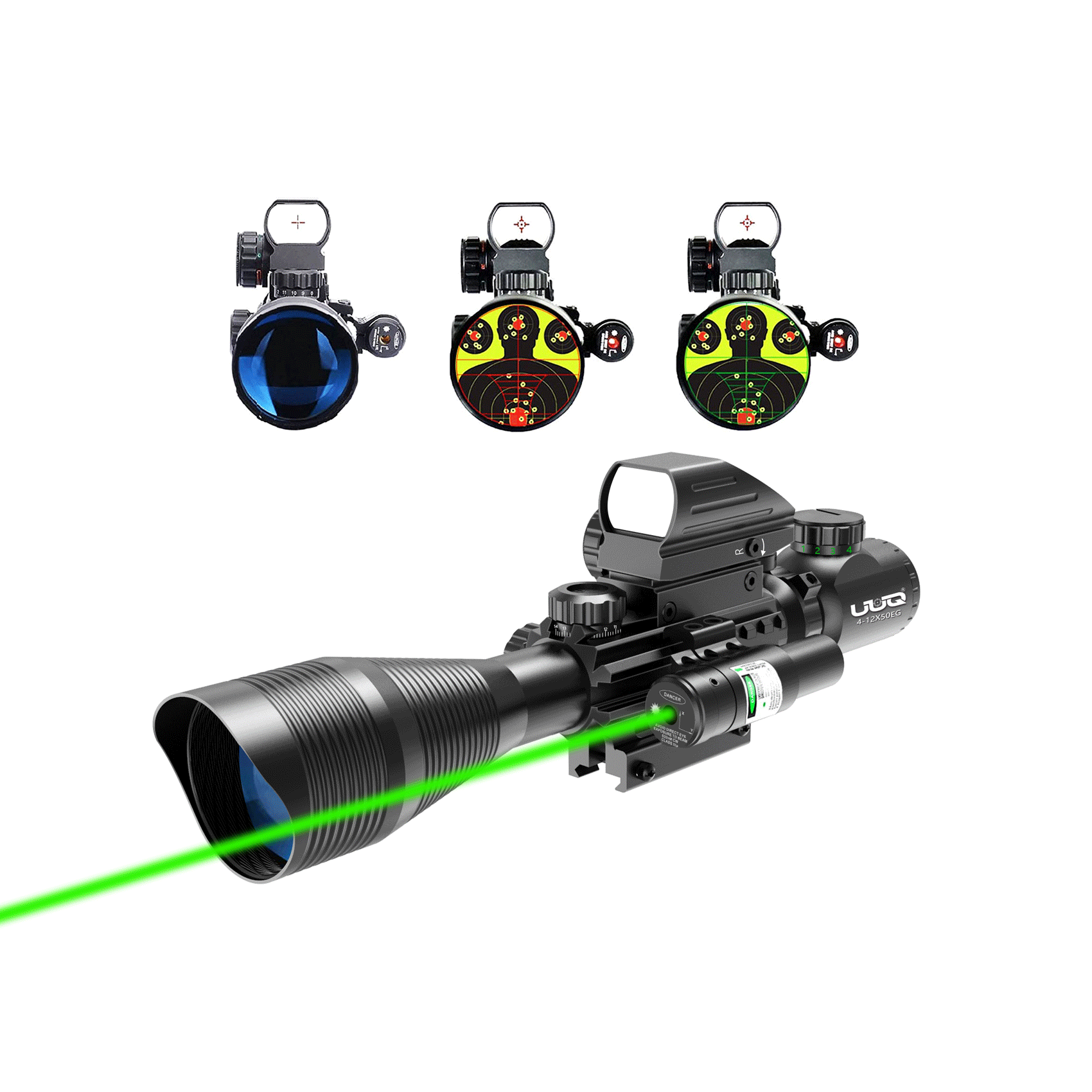 Legion 4-12x50 3 in 1 Combo Scope with Green Laser, featuring multiple reticle views and tactical rifle optic setup.