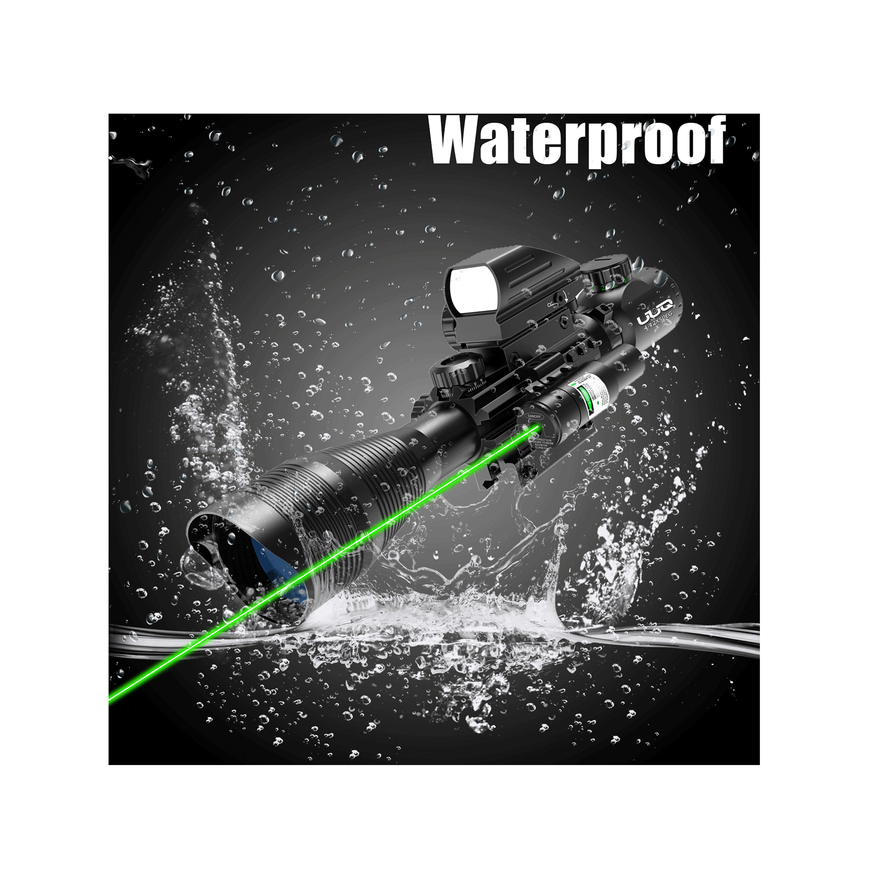 Legion 4-12x50 3 in 1 Combo Scope with Green Laser, waterproof design shown submerged in water for all-weather hunting.