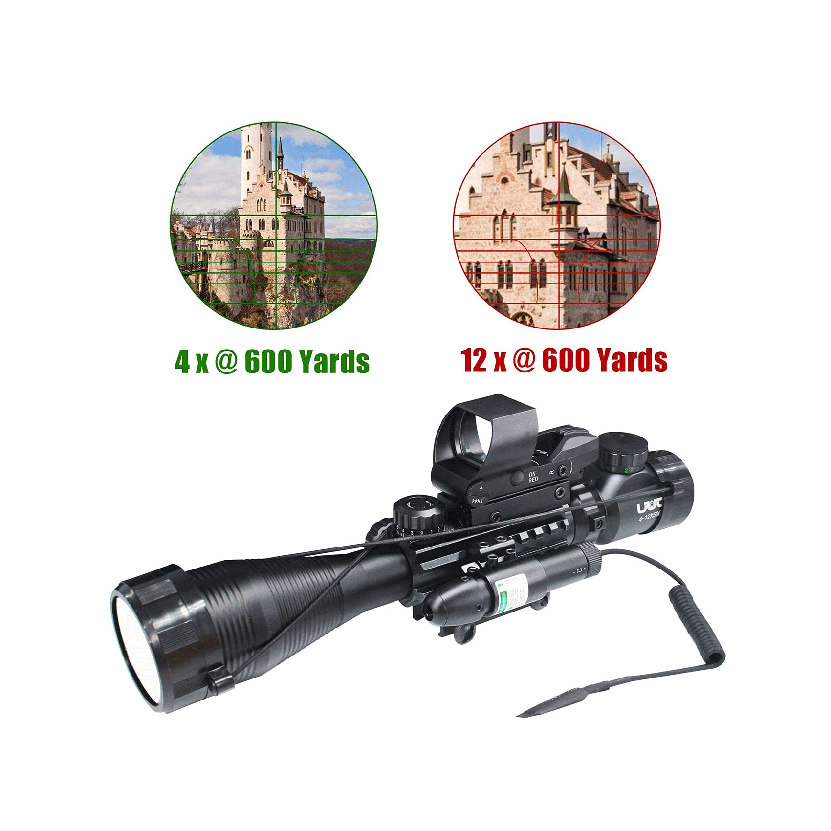 Legion 4-12x50 3 in 1 Combo Scope with Green Laser With Upgraded Dot Sight, 4x and 12x magnification views at 600 yards.