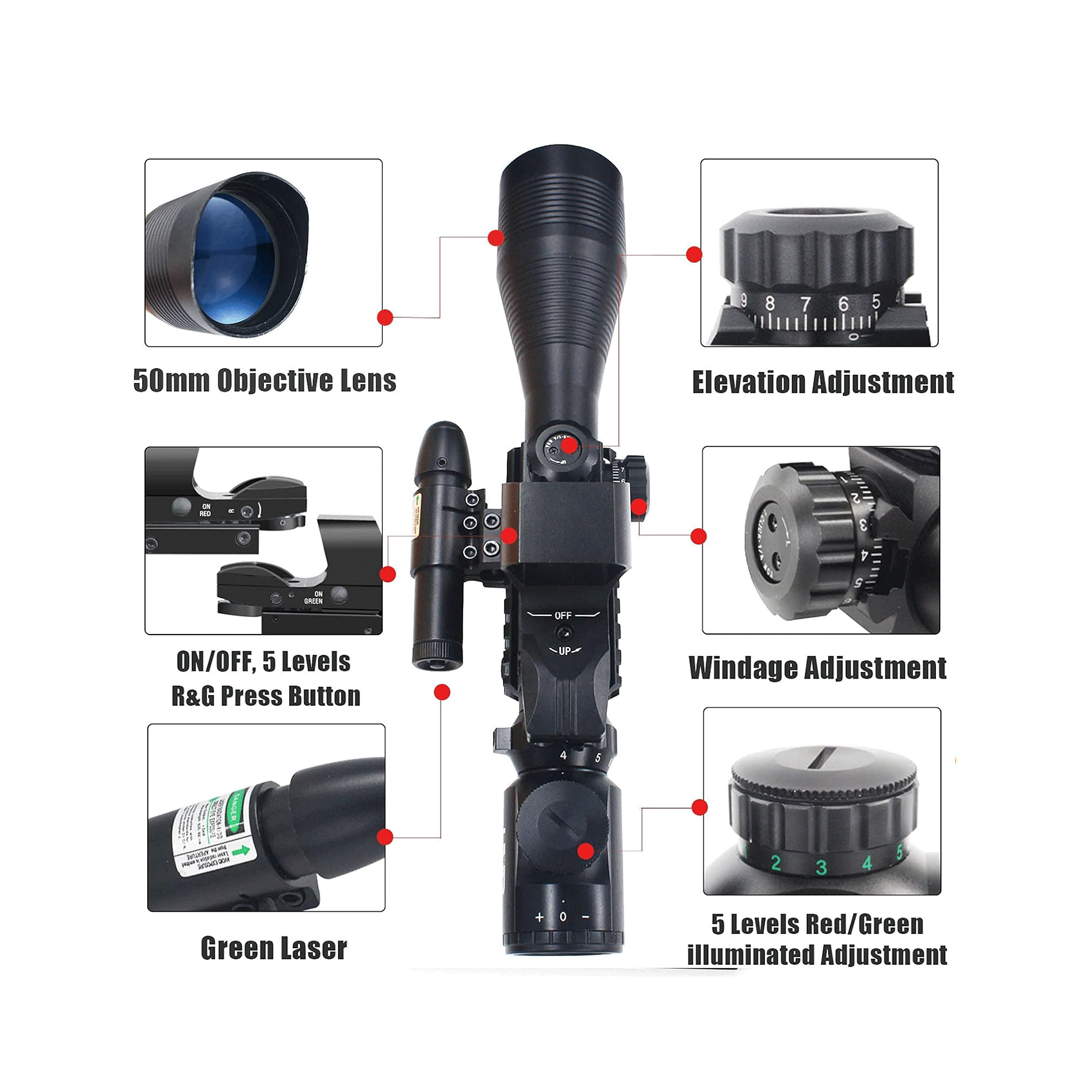 Legion 4-12x50 3 in 1 Combo Scope with Green Laser With Upgraded Dot Sight, components like windage and elevation turrets.