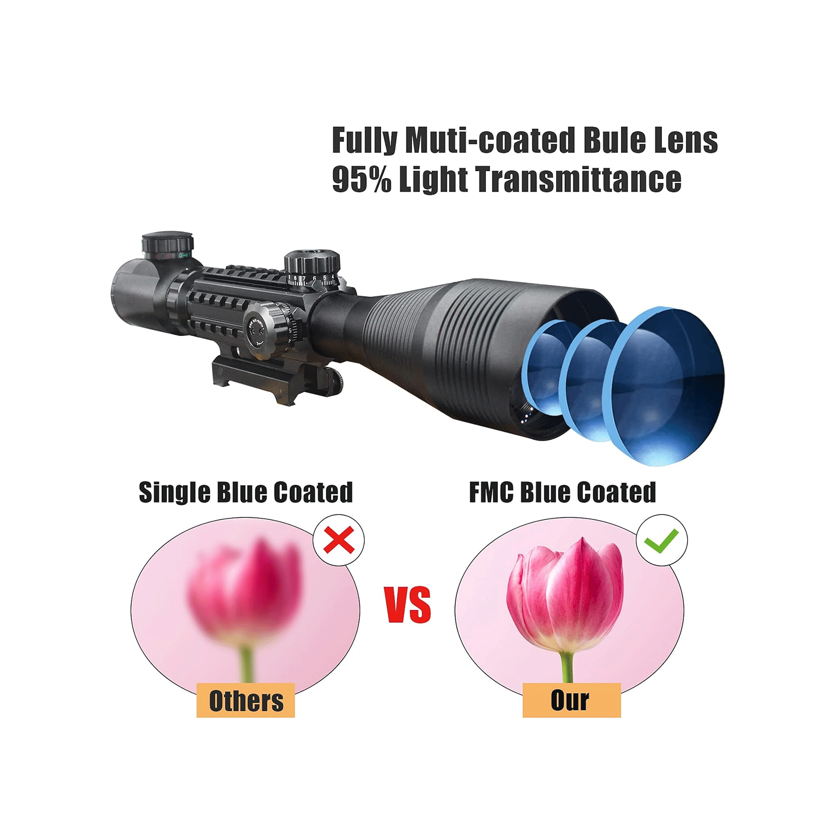 Legion 4-12x50 3 in 1 Combo Scope with Green Laser With Upgraded Dot Sight, FMC lens with 99% transmittance for clear view.
