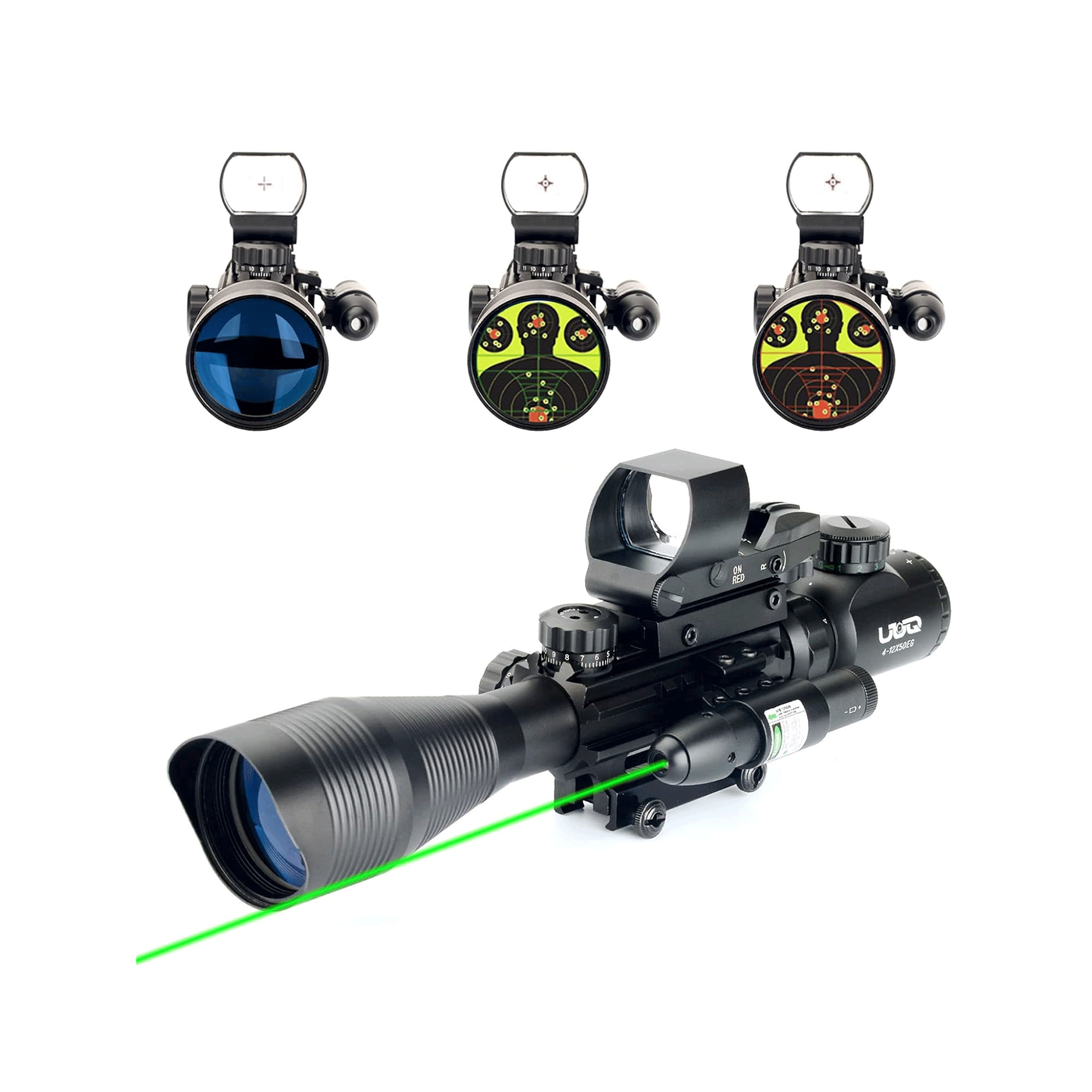 Legion 4-12x50 3 in 1 Combo Scope with Green Laser With Upgraded Dot Sight, tactical optic for long-range precision.