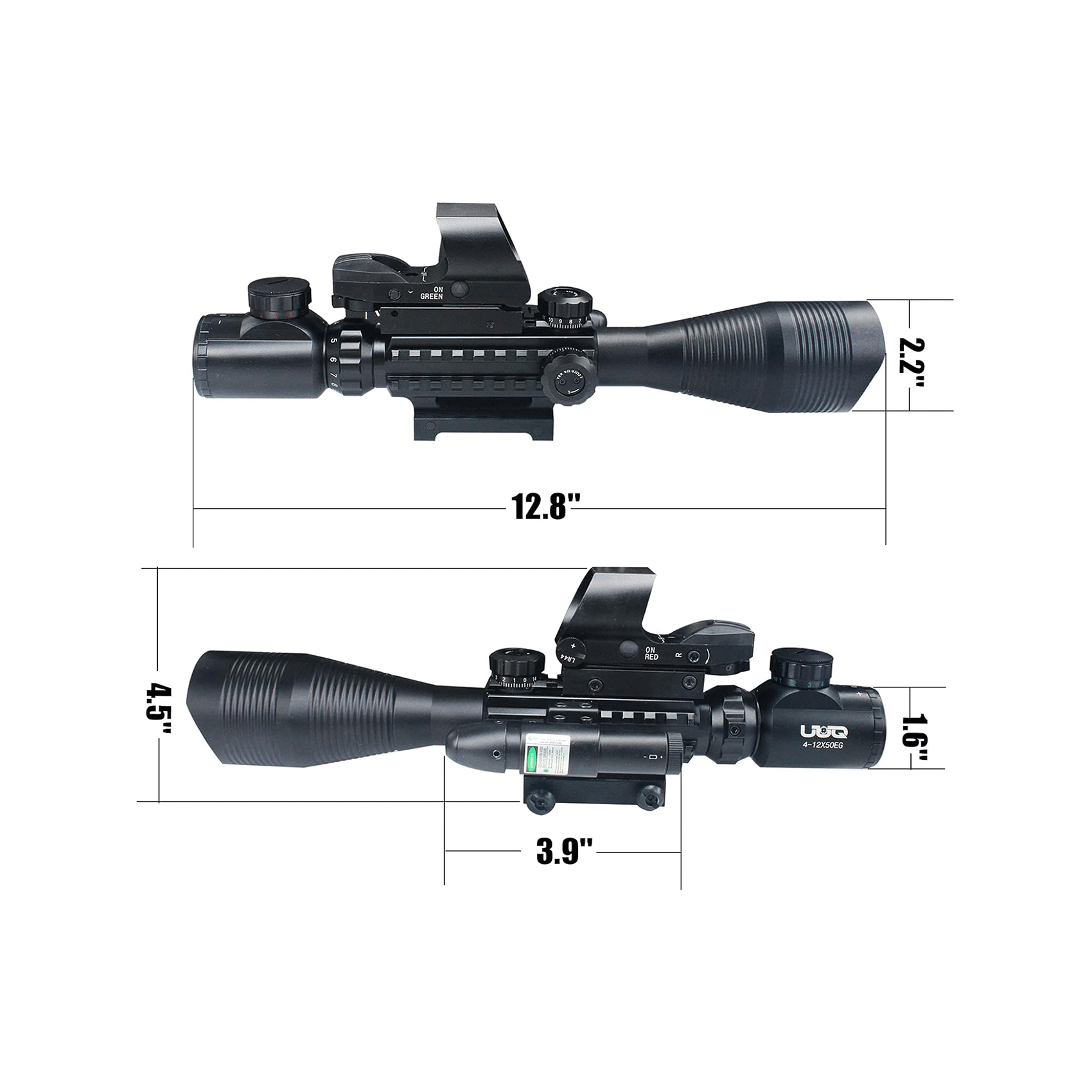 Legion 4-12x50 3 in 1 Combo Scope with Green Laser With Upgraded Dot Sight, measuring 12.8 inches in total length.