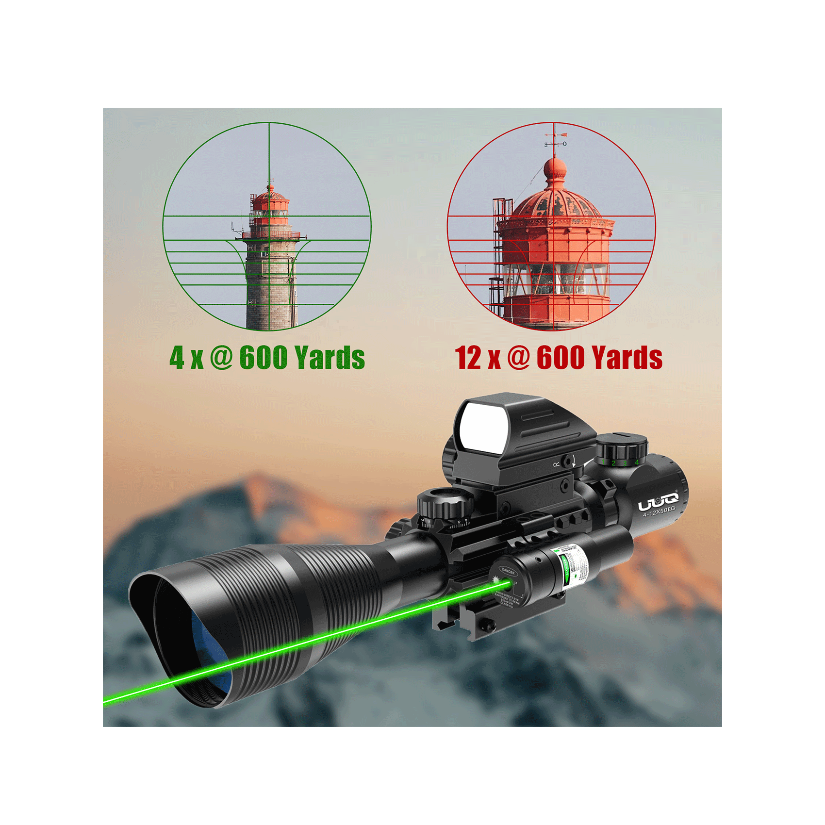 Legion 4-12x50 3 in 1 Combo Scope with Green Laser, showing 4x and 12x magnification views at 600 yards range.