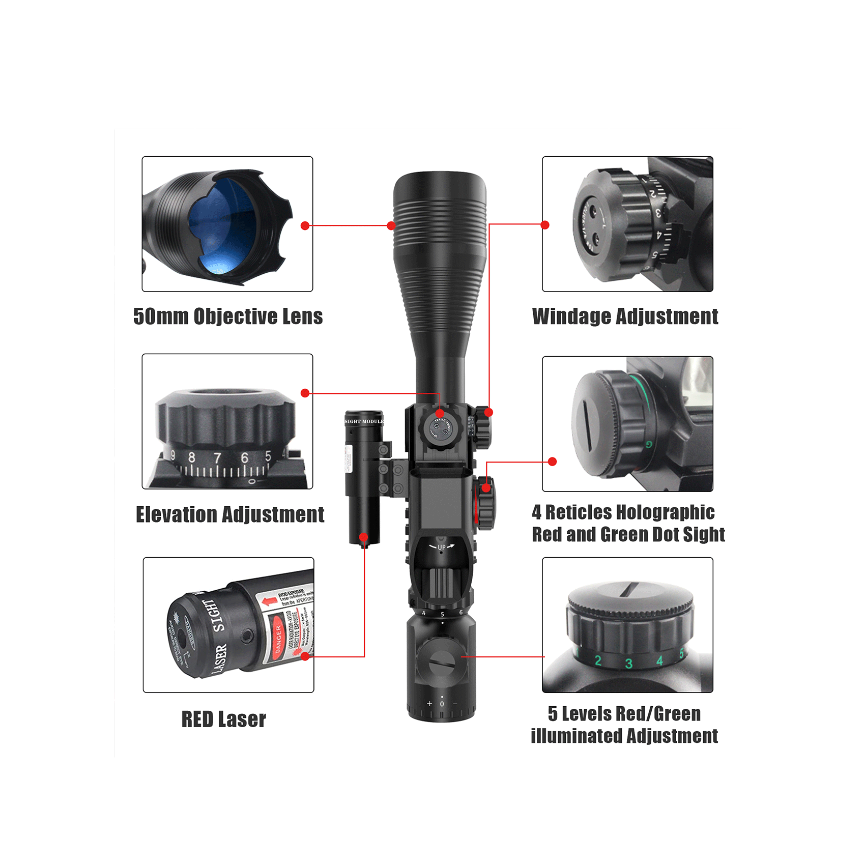 Legion 4-12x50 3 in 1 Combo Scope with Red Laser, detailing objective lens, windage adjustment, and holographic dot sight.