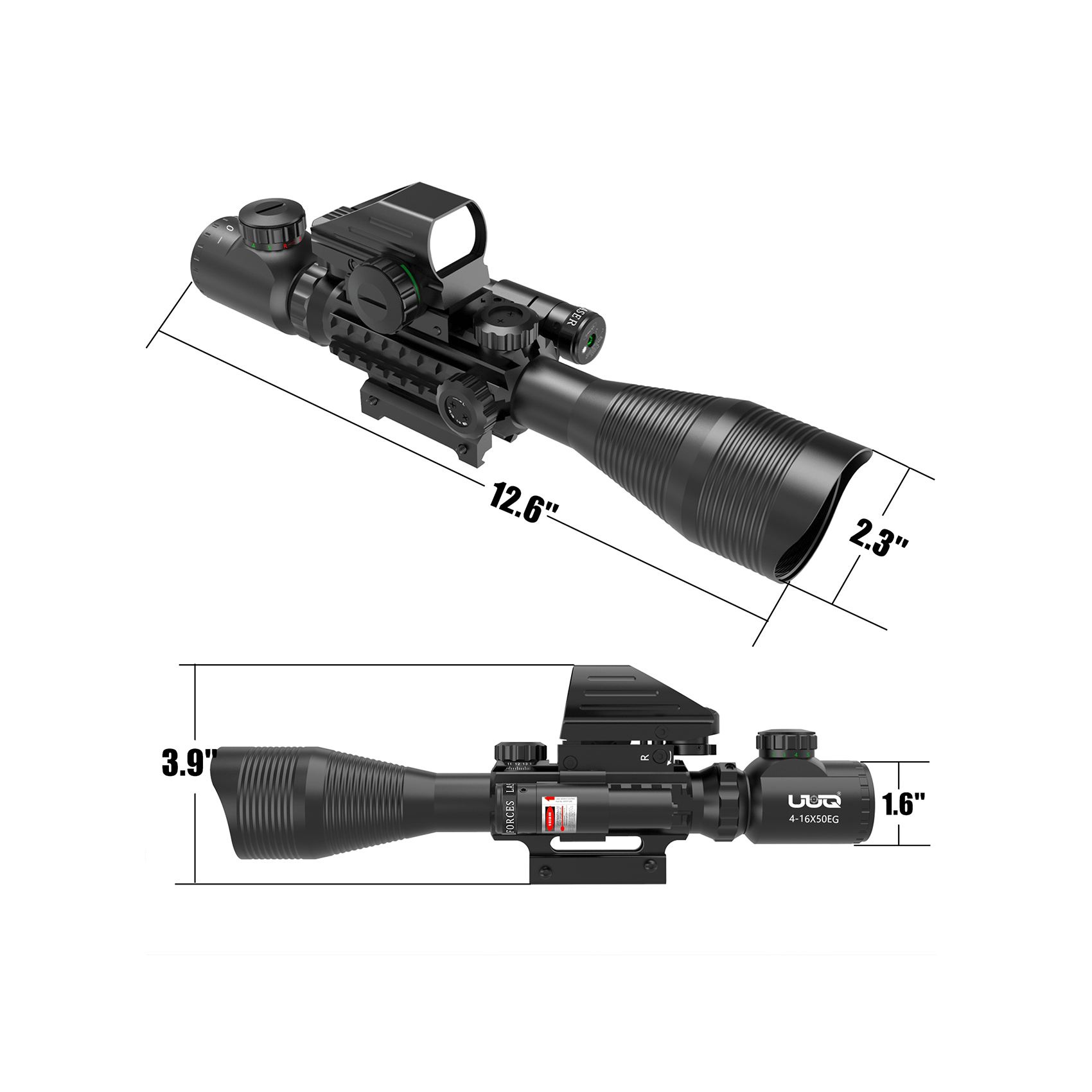 Legion 4-12x50 3 in 1 Combo Scope with Red Laser, detailed diagram showing product dimensions and tactical measurements.