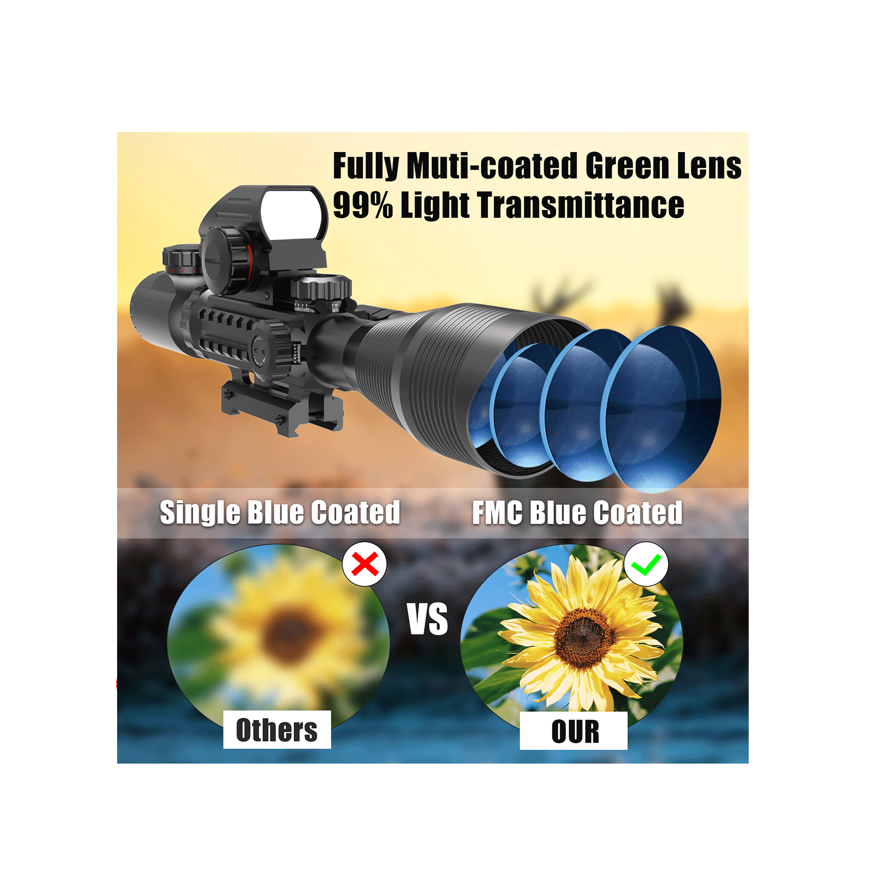 Legion 4-12x50 3 in 1 Combo Scope with Red Laser, featuring FMC green lens with 99% light transmittance for clear view.
