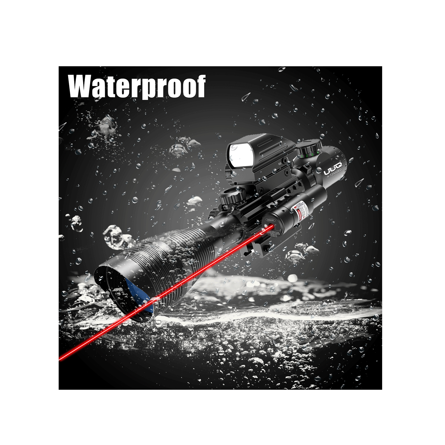 Legion 4-12x50 3 in 1 Combo Scope with Red Laser, waterproof design shown submerged in water for all-weather hunting.