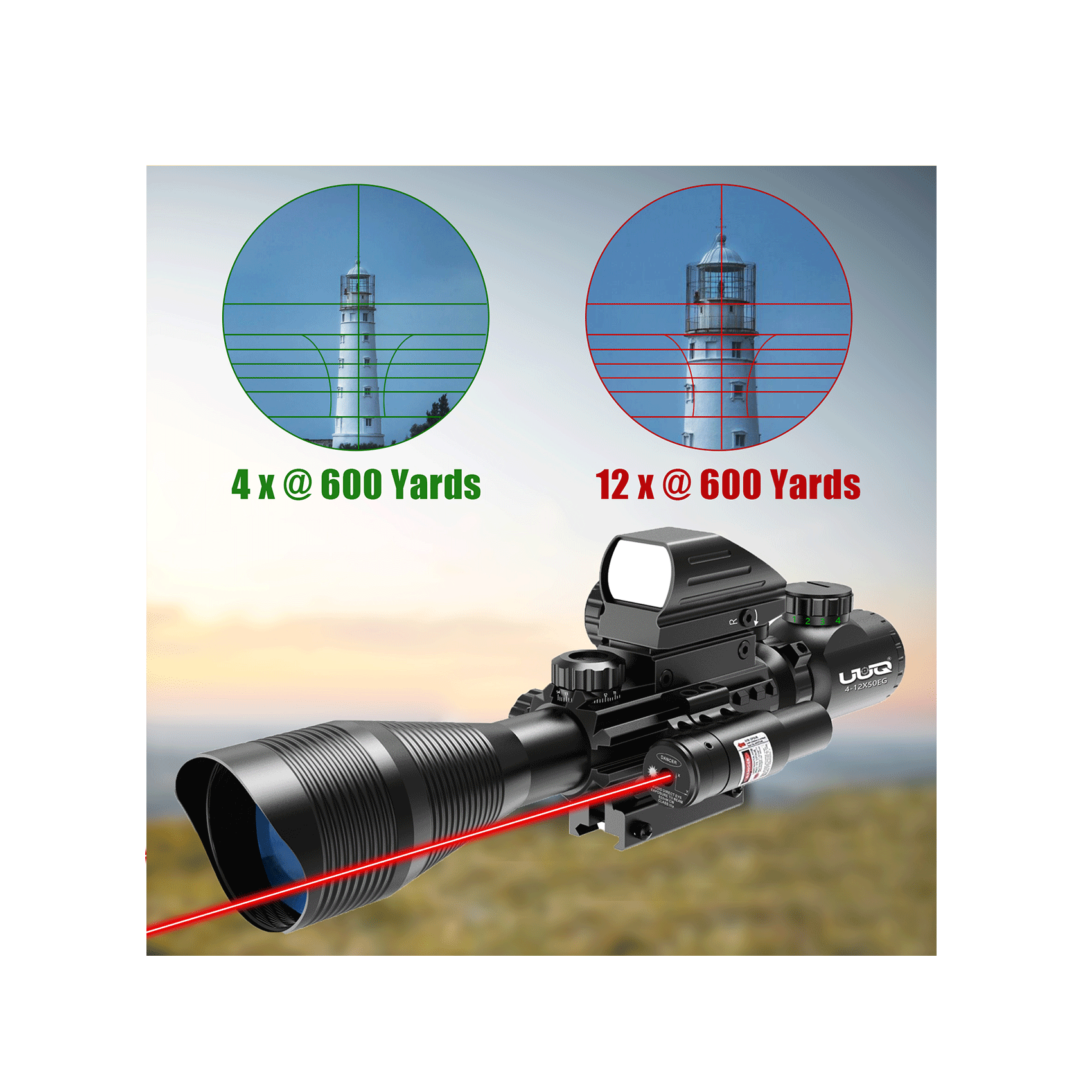 Legion 4-12x50 3 in 1 Combo Scope with Red Laser, showing 4x and 12x magnification views at 600 yards range.