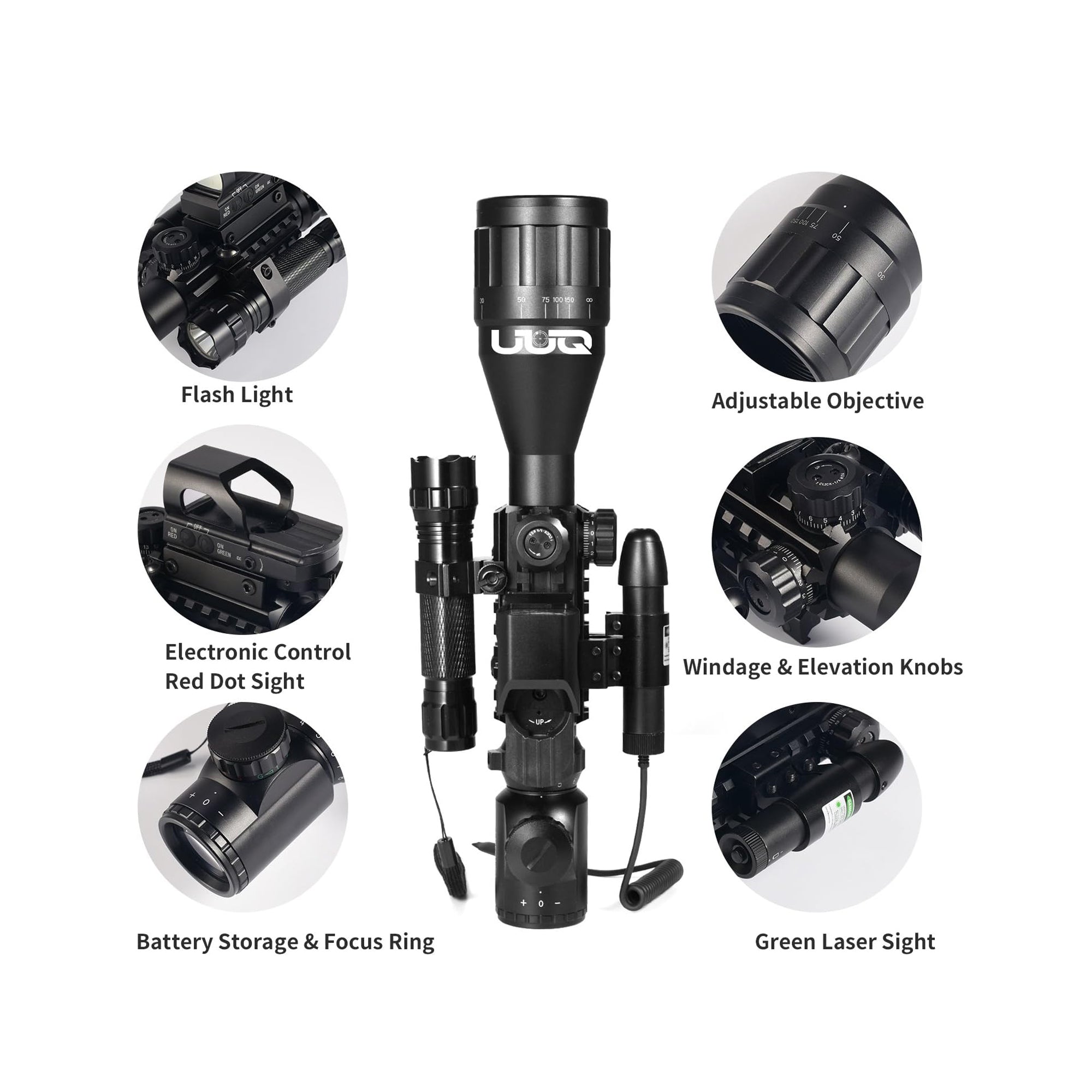 Legion 4-12x50 AO 4 in 1 Combo Scope in green, diagram showing adjustable objective, red dot sight, flashlight and laser.