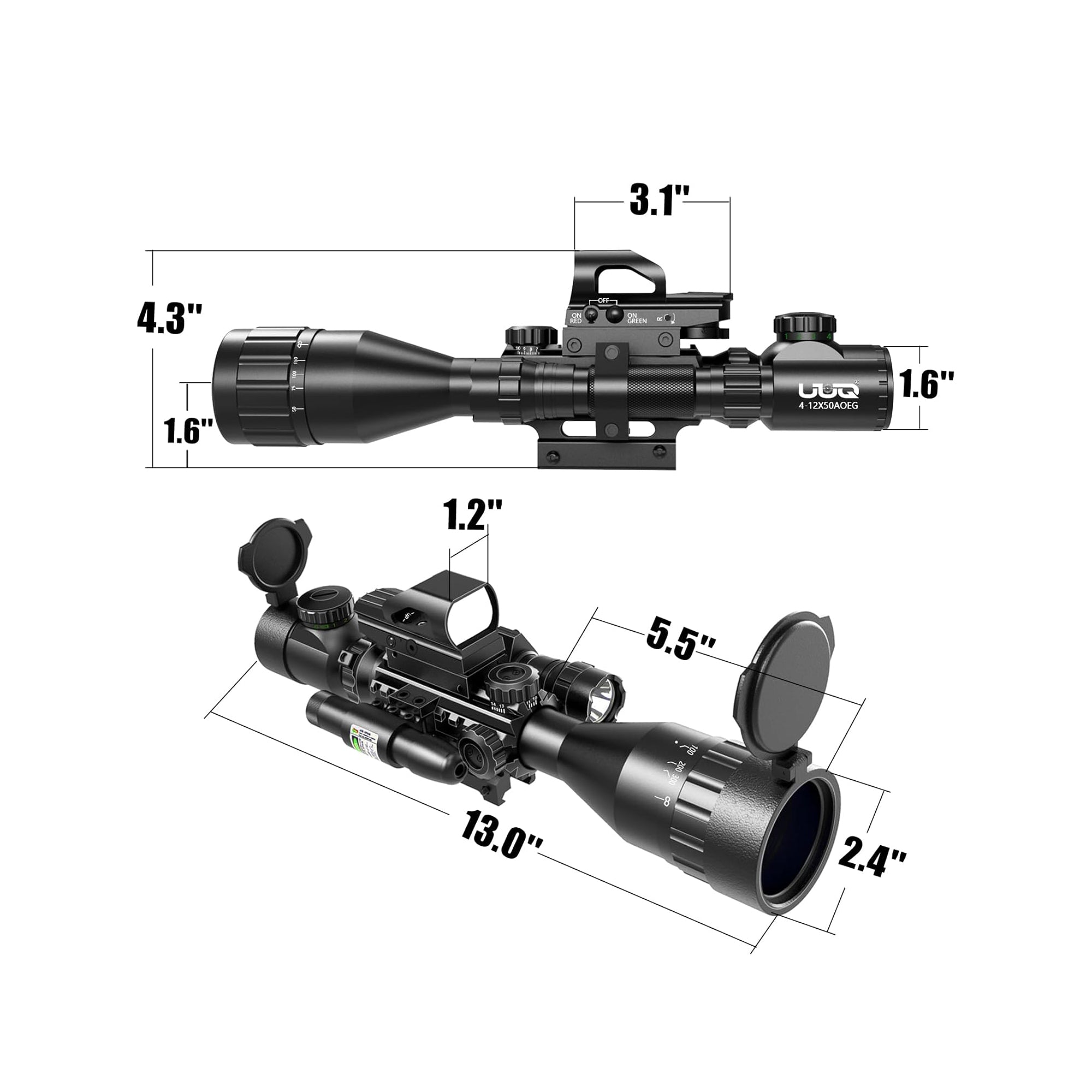 Legion 4-12x50 AO 4 in 1 Combo Scope in green, detailed diagram showing product dimensions and tactical measurements.