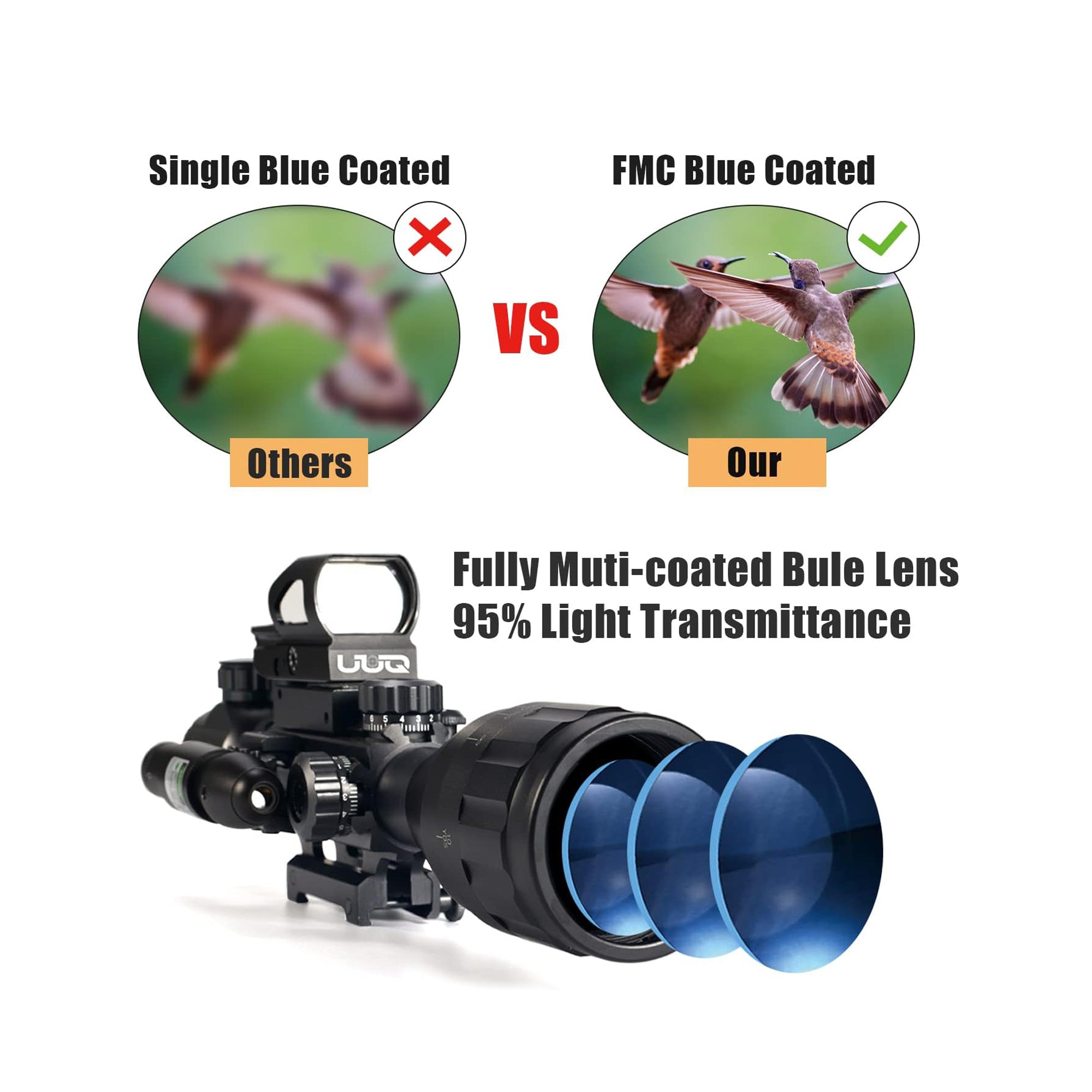Legion 4-12x50 AO 4 in 1 Combo Scope in green, featuring fully multi-coated blue lens with 95% light transmittance.