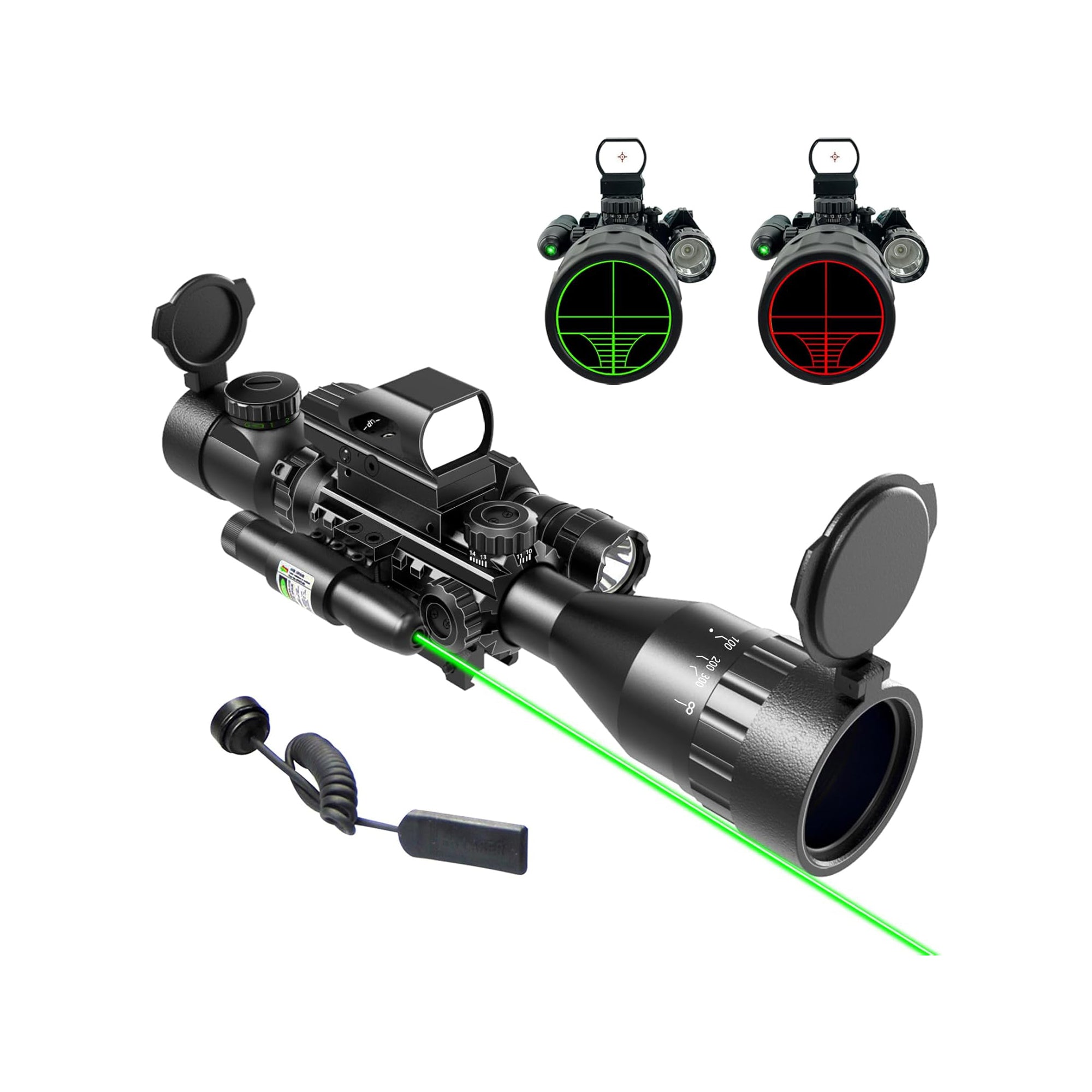 Legion 4-12x50 AO 4 in 1 Combo Scope in green, showing laser beam, dual illuminated reticle, flashlight and reflex sight.