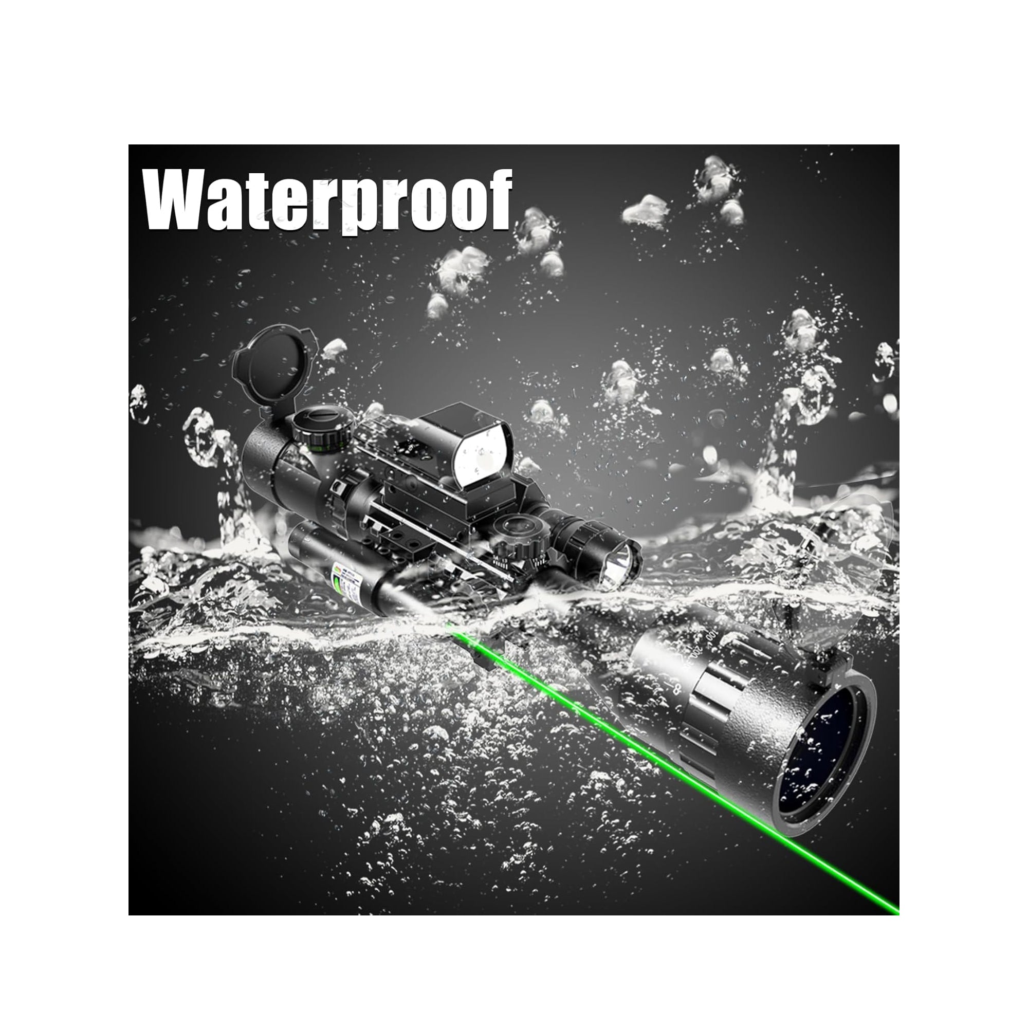 Legion 4-12x50 AO 4 in 1 Combo Scope in green, submerged in splashing water, demonstrating its waterproof capability.