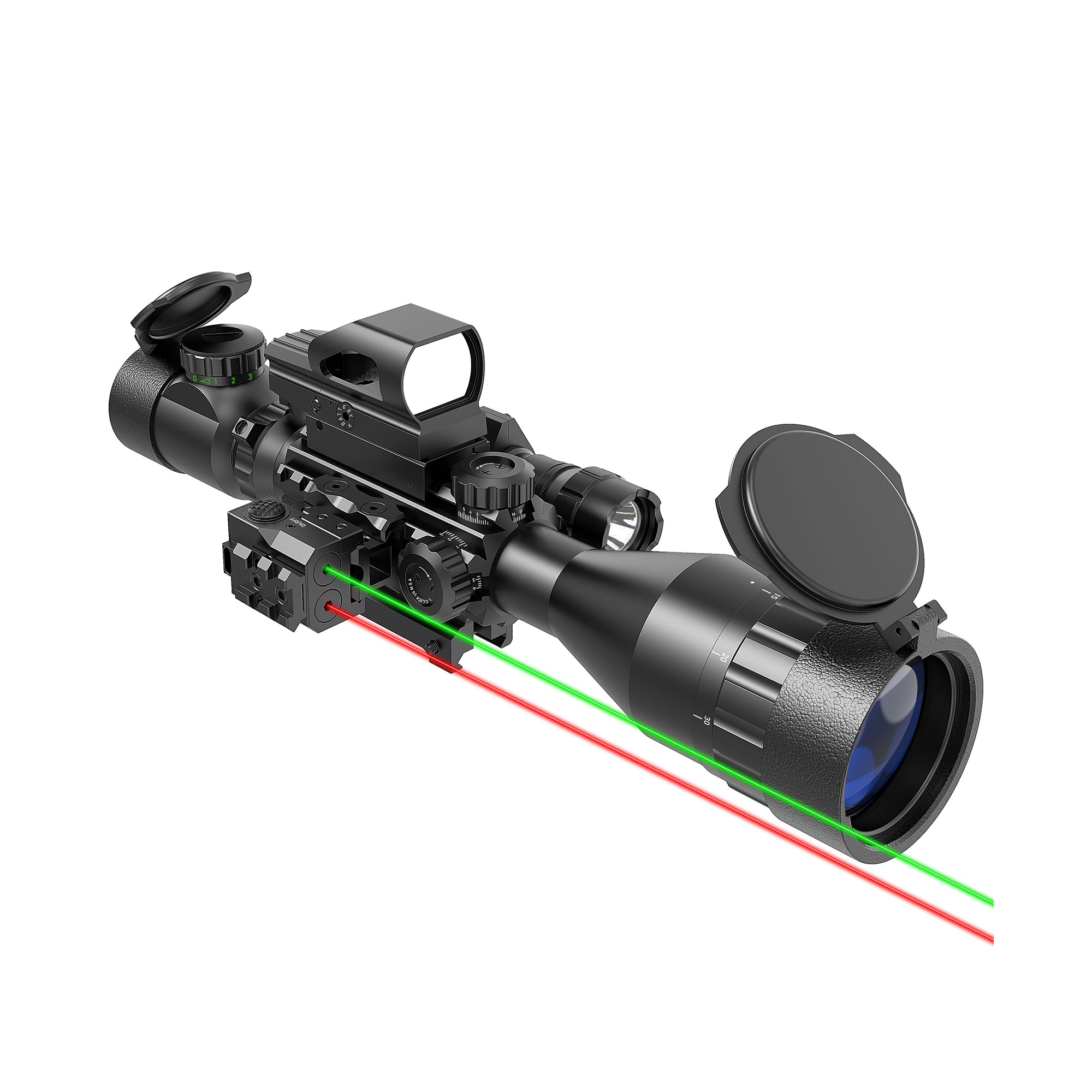 Legion 4-12x50 AO 4 in 1 Combo Scope displaying dual red & green laser beams, mounted reflex sight and flashlight.
