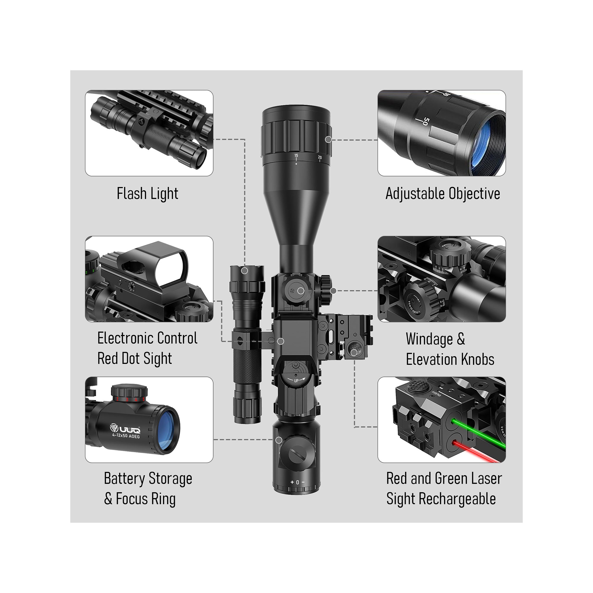 Legion 4-12x50 AO 4 in 1 Combo Scope showing red & green laser, red dot, flashlight and windage elevation knobs.