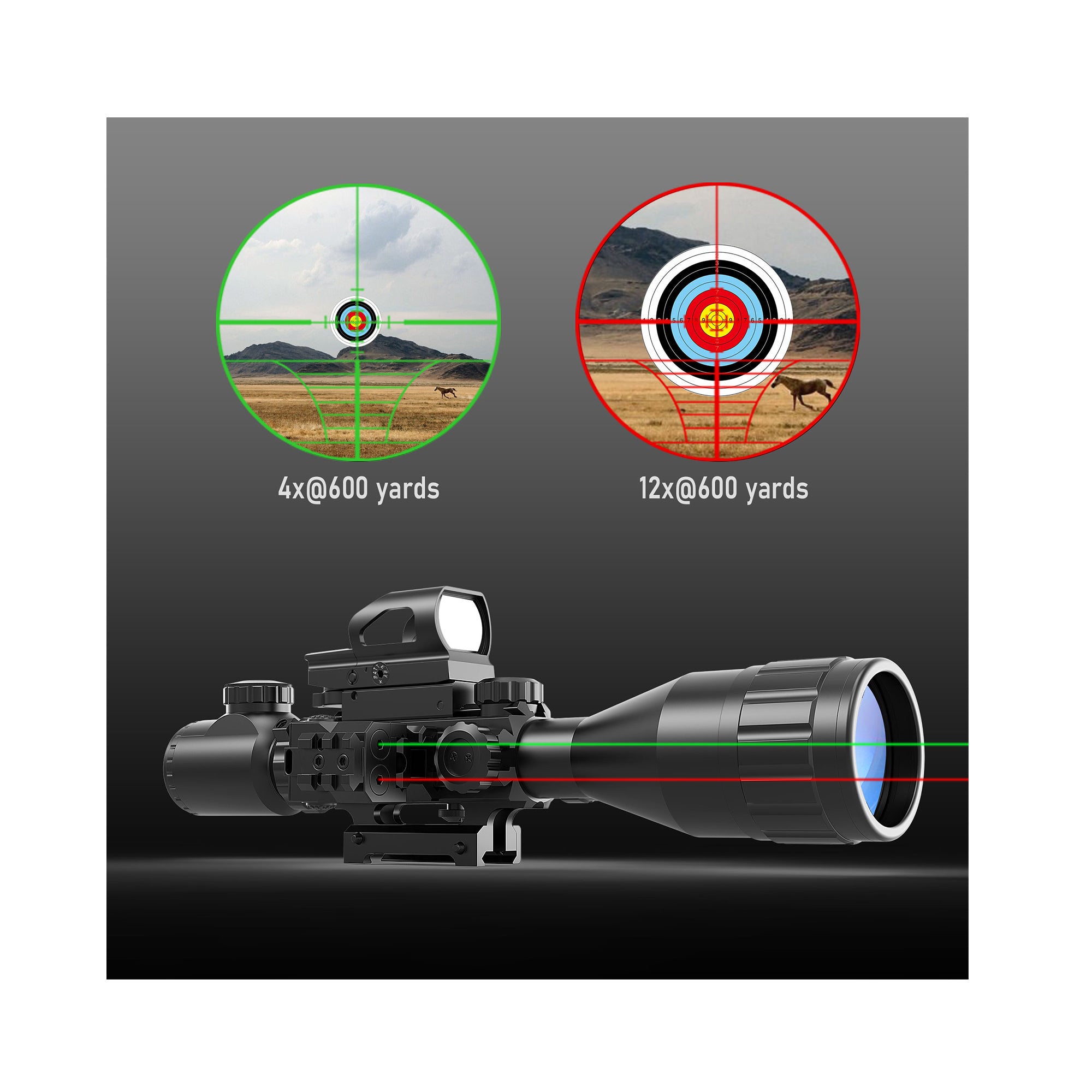 Legion 4-12x50 AO 4 in 1 Combo Scope, red & green laser, displaying 4x and 12x magnification views at 600 yards.