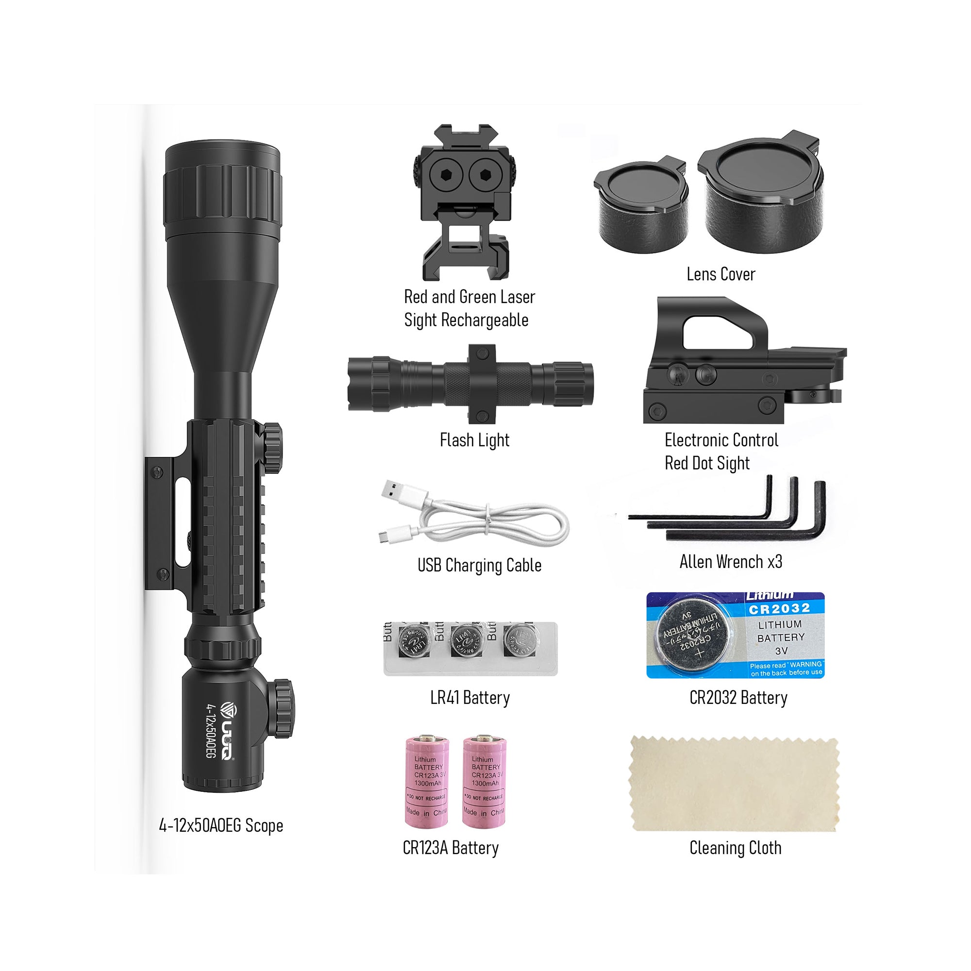 Legion 4-12x50 AO 4 in 1 Combo Scope set including red & green laser, reflex sight, flashlight, batteries and USB cable.