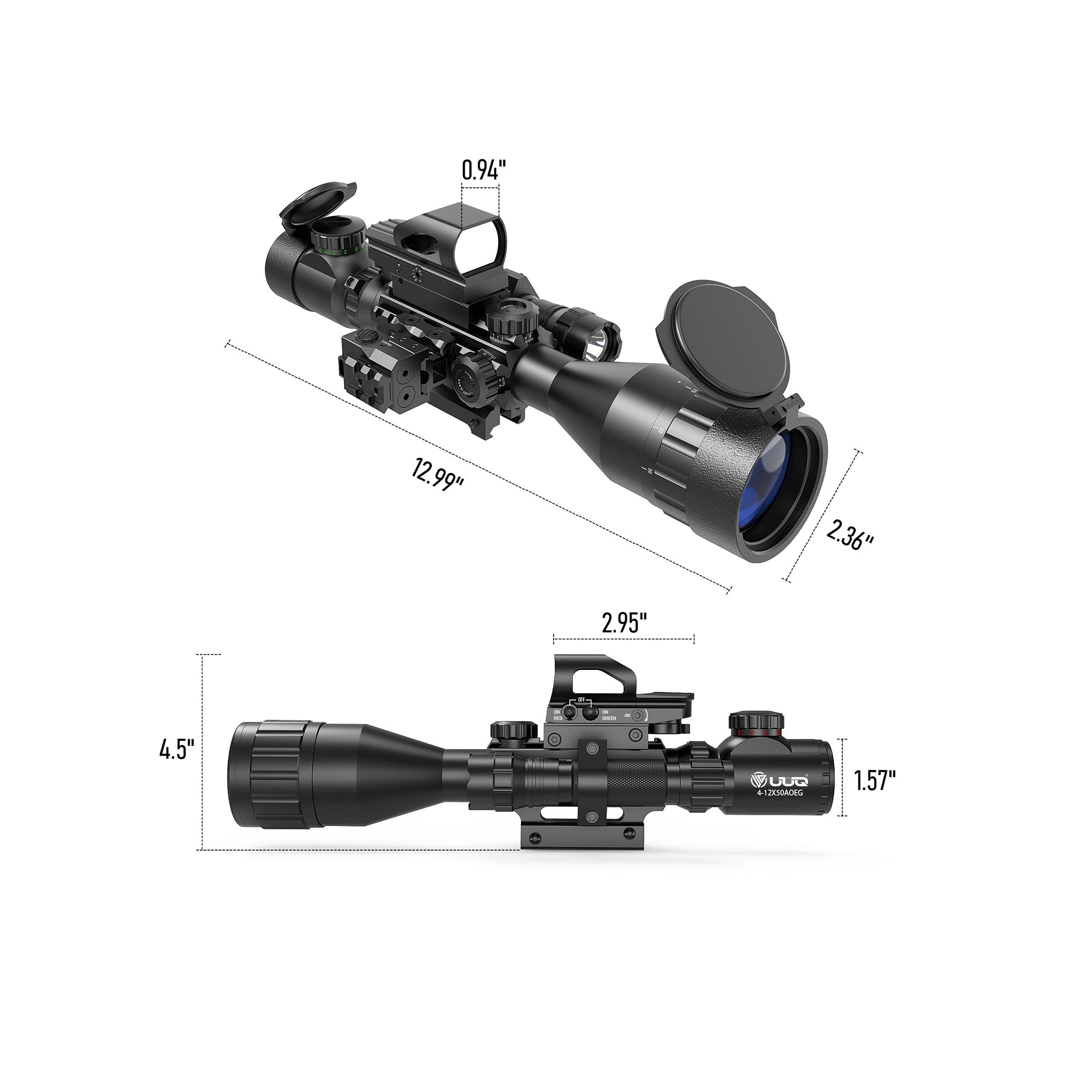 Legion 4-12x50 AO 4 in 1 Combo Scope in green, detailed diagram showing product dimensions and tactical measurements.