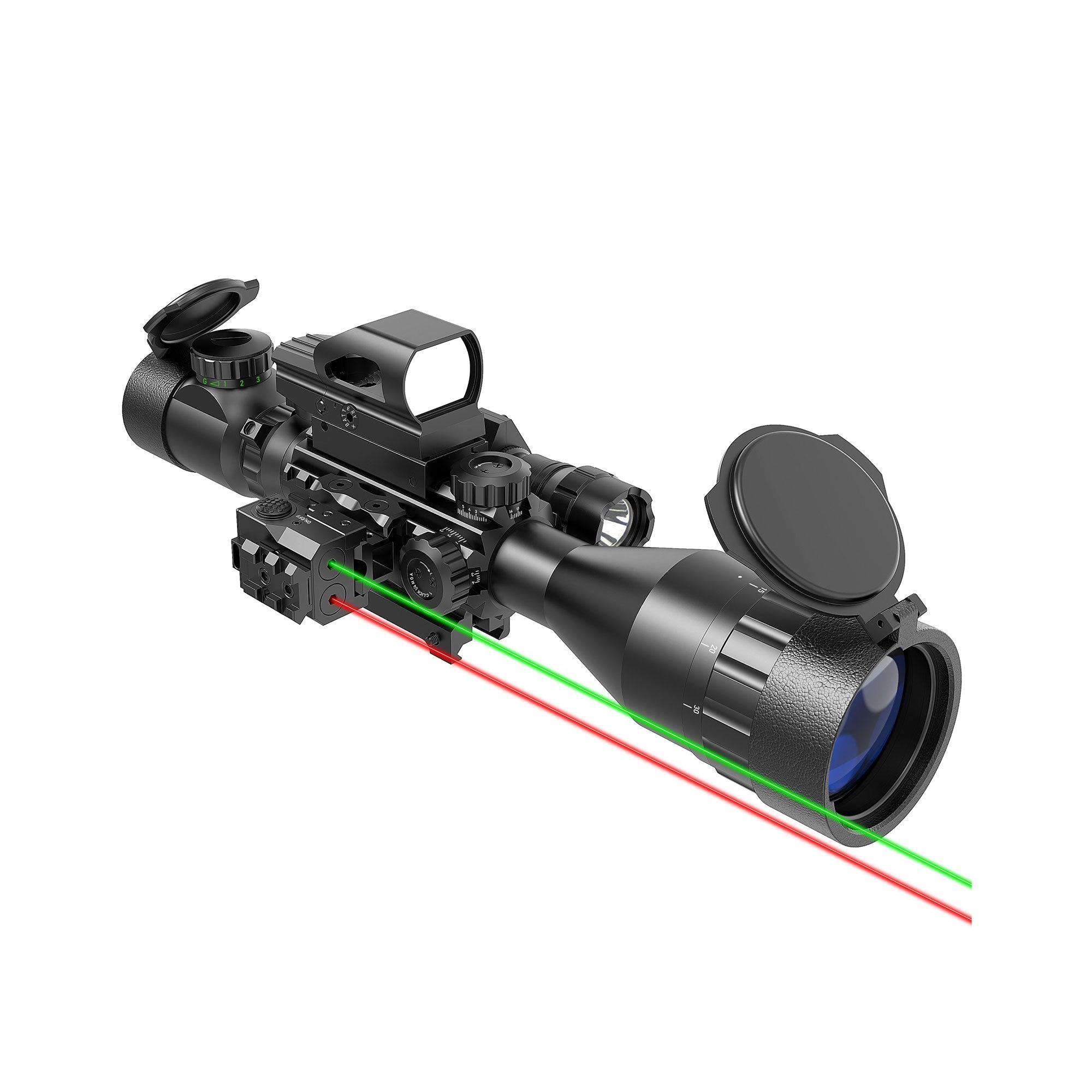 Legion 4-16x50 AO 4 in 1 Combo Scope displaying dual red & green laser beams, mounted reflex sight and tactical flashlight.