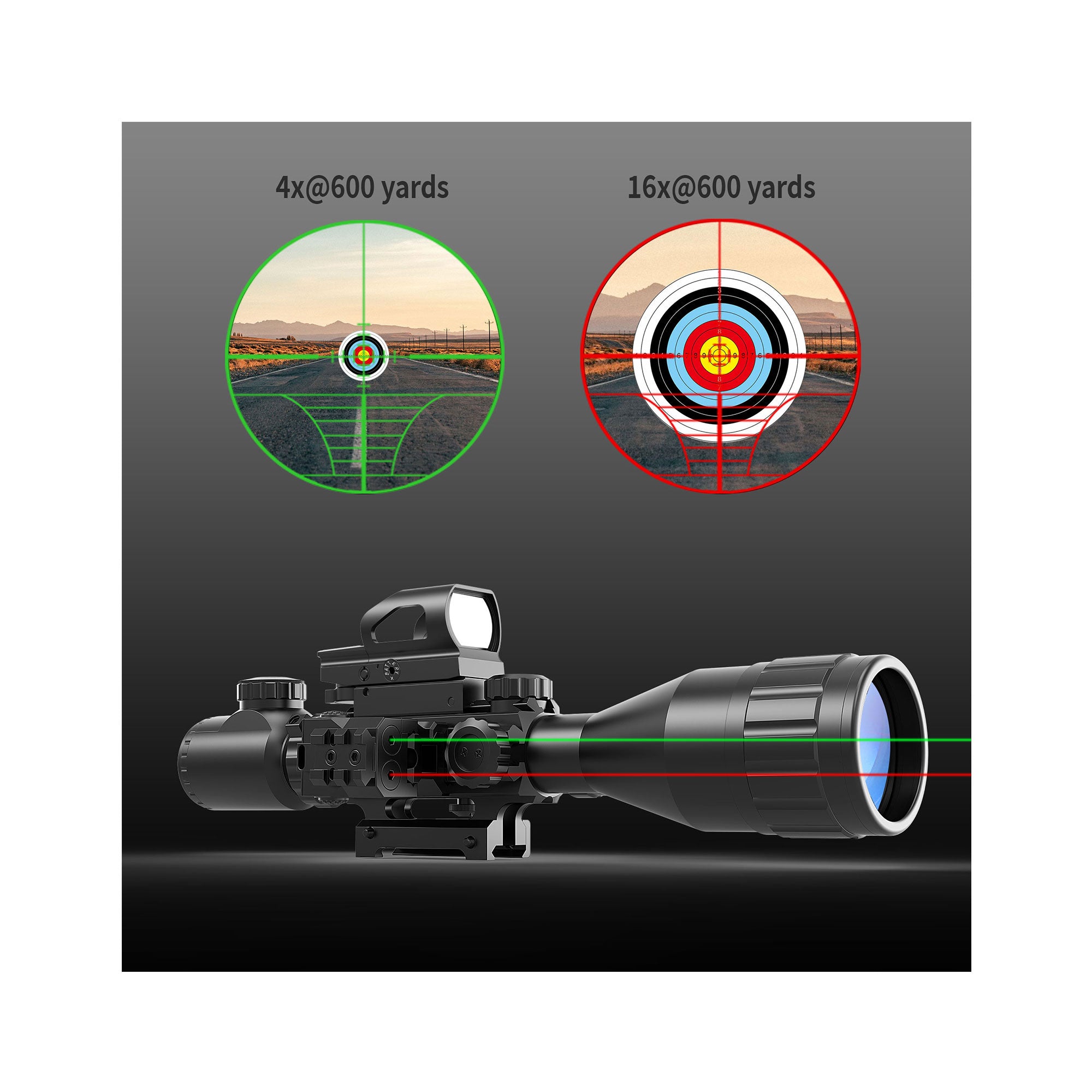 Legion 4-16x50 AO 4 in 1 Combo Scope, red & green laser, displaying 4x and 16x magnification target views at 600 yards.