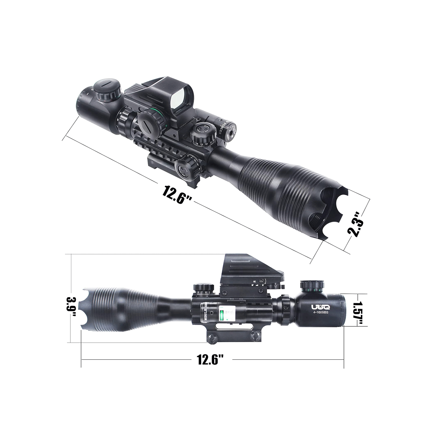 Legion 4-16x50 Precision Sniper 3 in 1 Combo Scope with Green Laser, diagram showing product dimensions and profile.