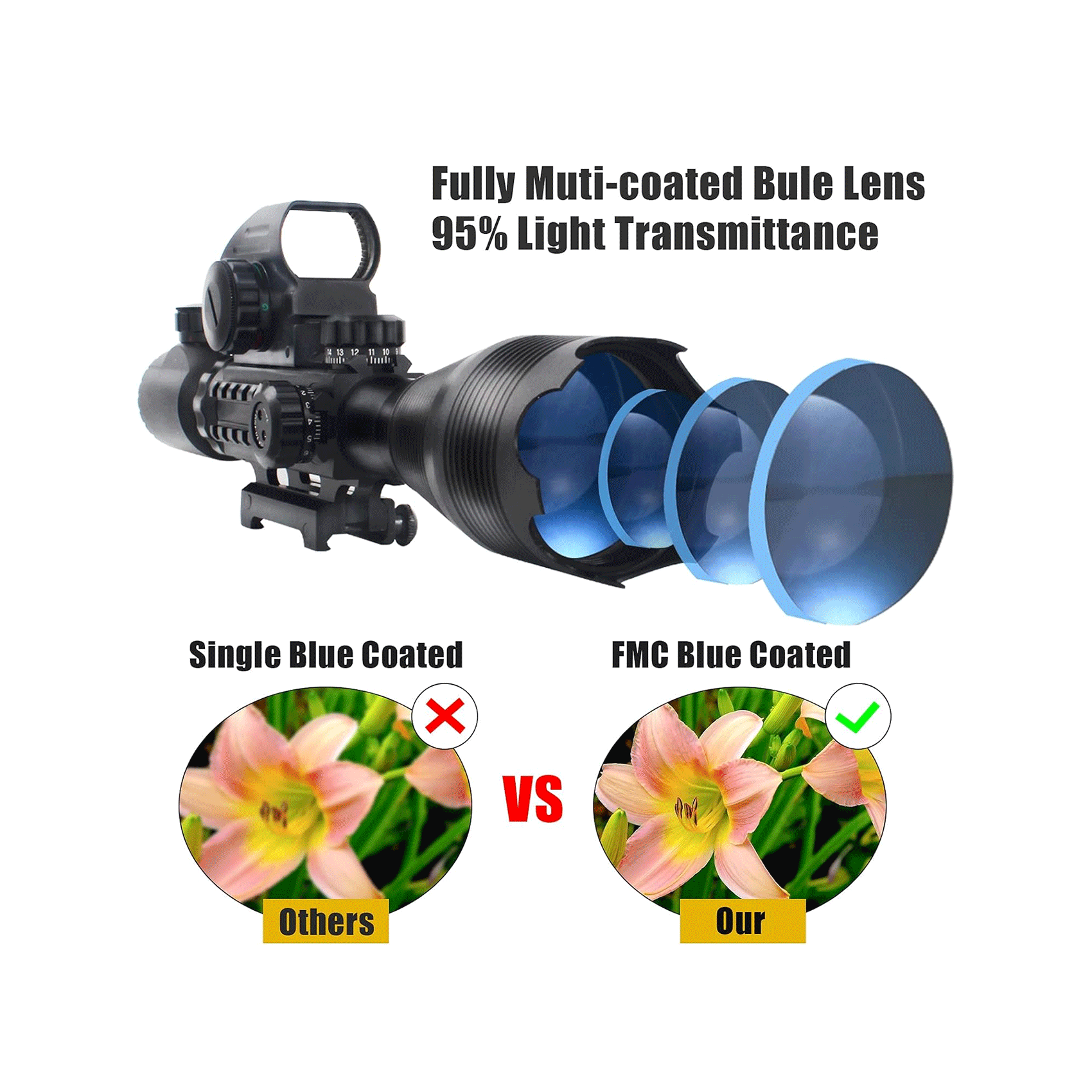 Legion 4-16x50 Precision Sniper 3 in 1 Combo Scope with Green Laser, featuring FMC blue lens for 95% light transmittance.