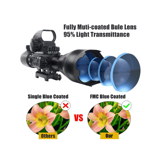 Legion 4-16x50 Precision Sniper 3 in 1 Combo Scope with Green Laser, featuring FMC blue lens for 95% light transmittance.