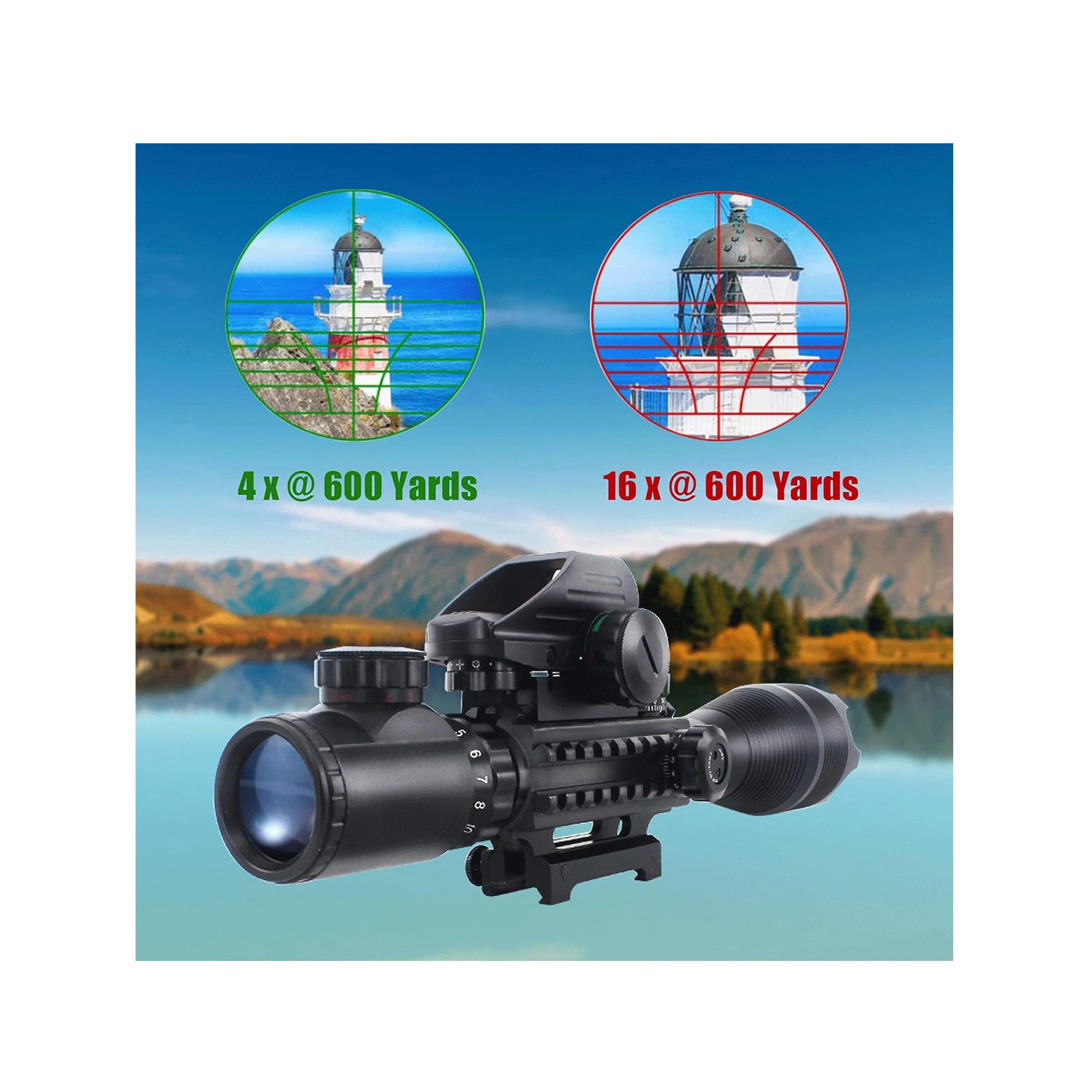 Legion 4-16x50 Precision Sniper 3 in 1 Combo Scope with Green Laser, showing 4x and 16x magnification at 600 yards.