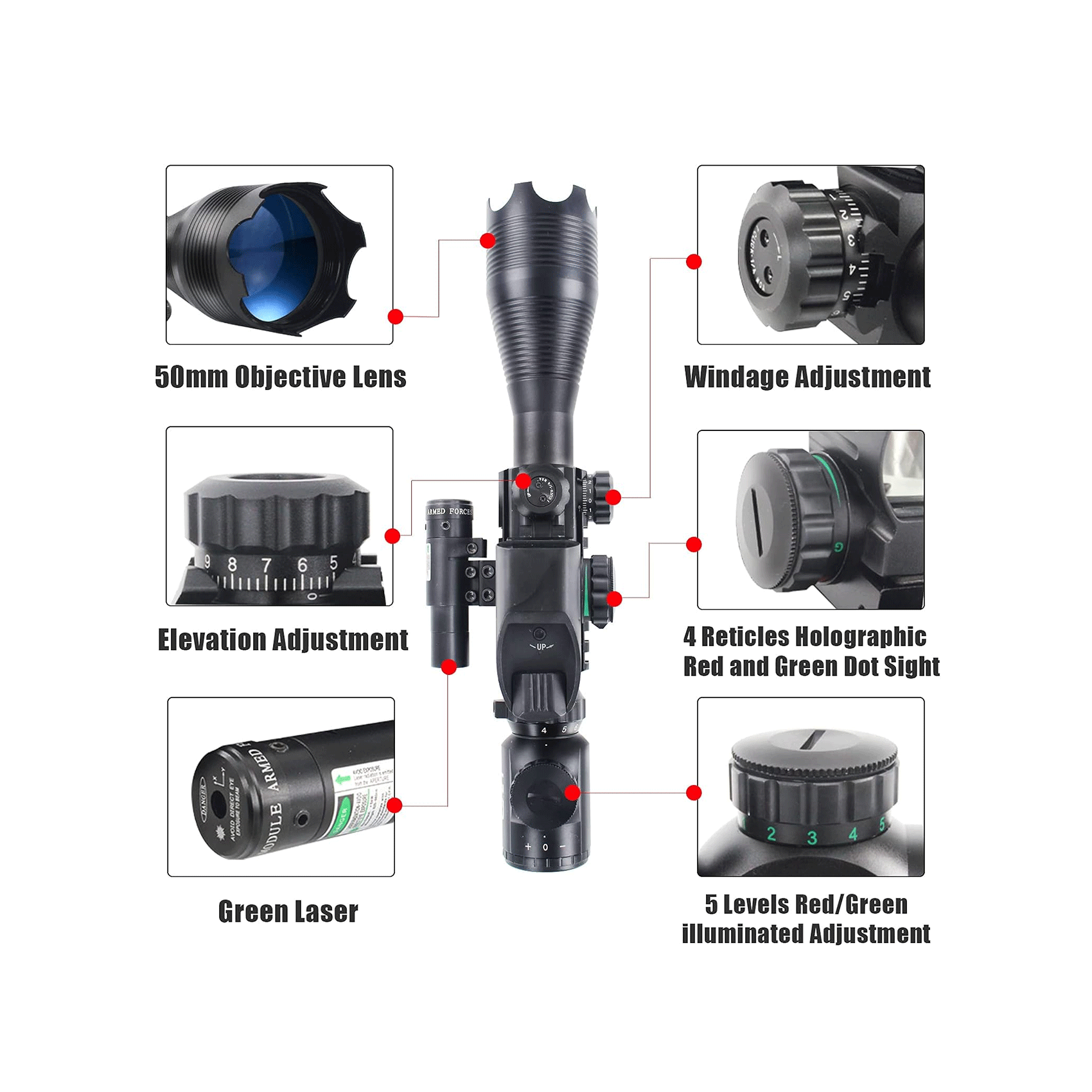 Legion 4-16x50 Precision Sniper 3 in 1 Combo Scope with Green Laser, diagram showing 50mm lens, dot sight and adjustments.