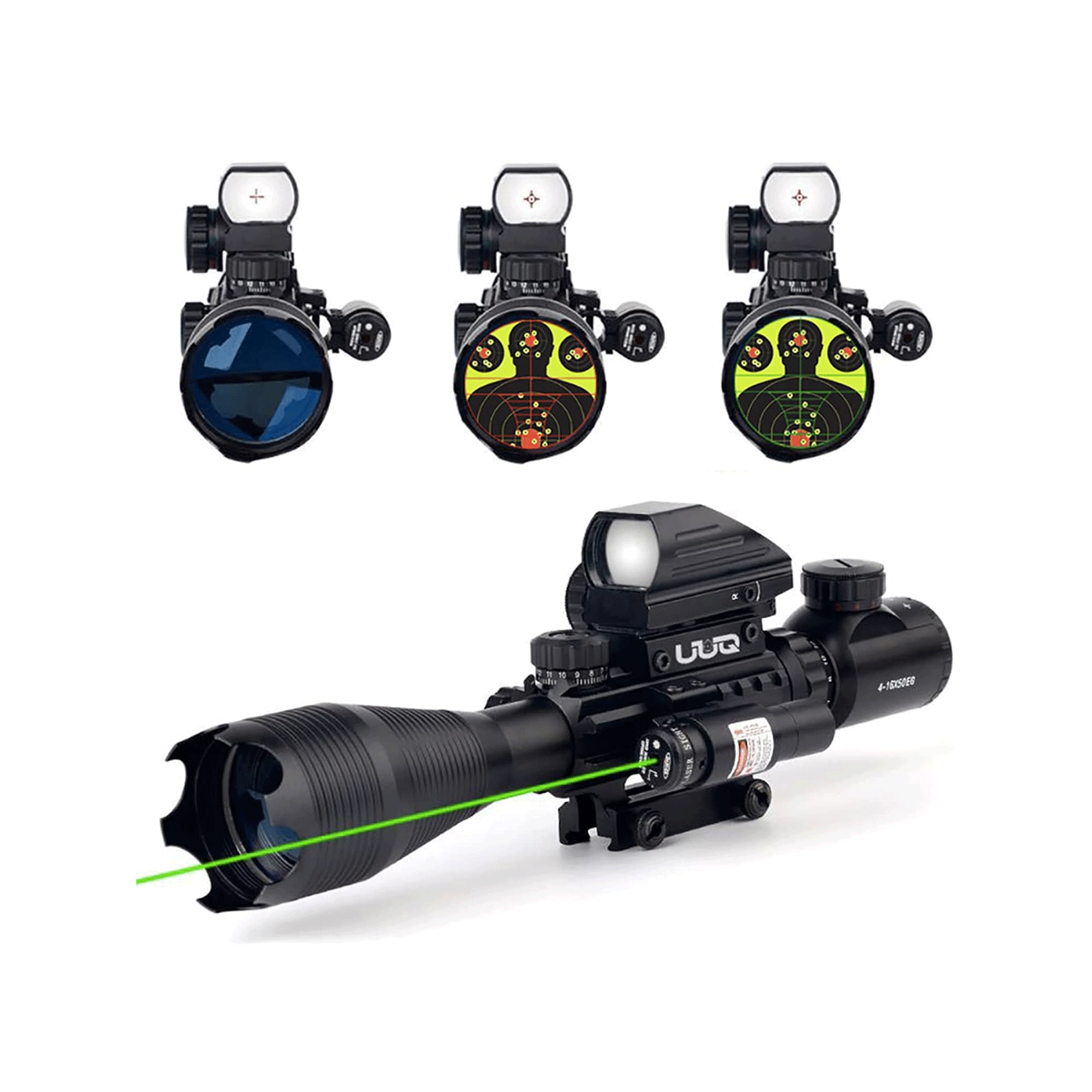 Legion 4-16x50 Precision Sniper 3 in 1 Combo Scope with Green Laser, showing illuminated reticles and top reflex sight.