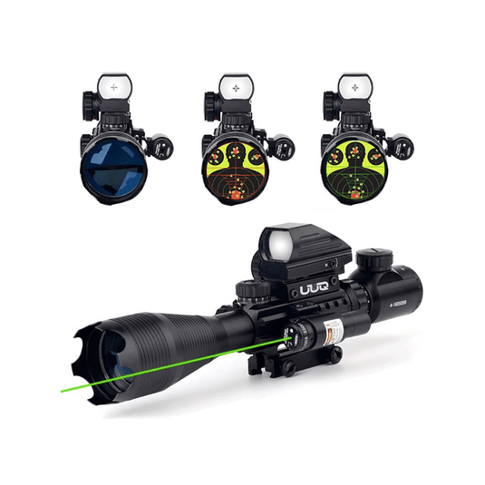 Legion 4-16x50 Precision Sniper 3 in 1 Combo Scope with Green Laser, showing illuminated reticles and top reflex sight.