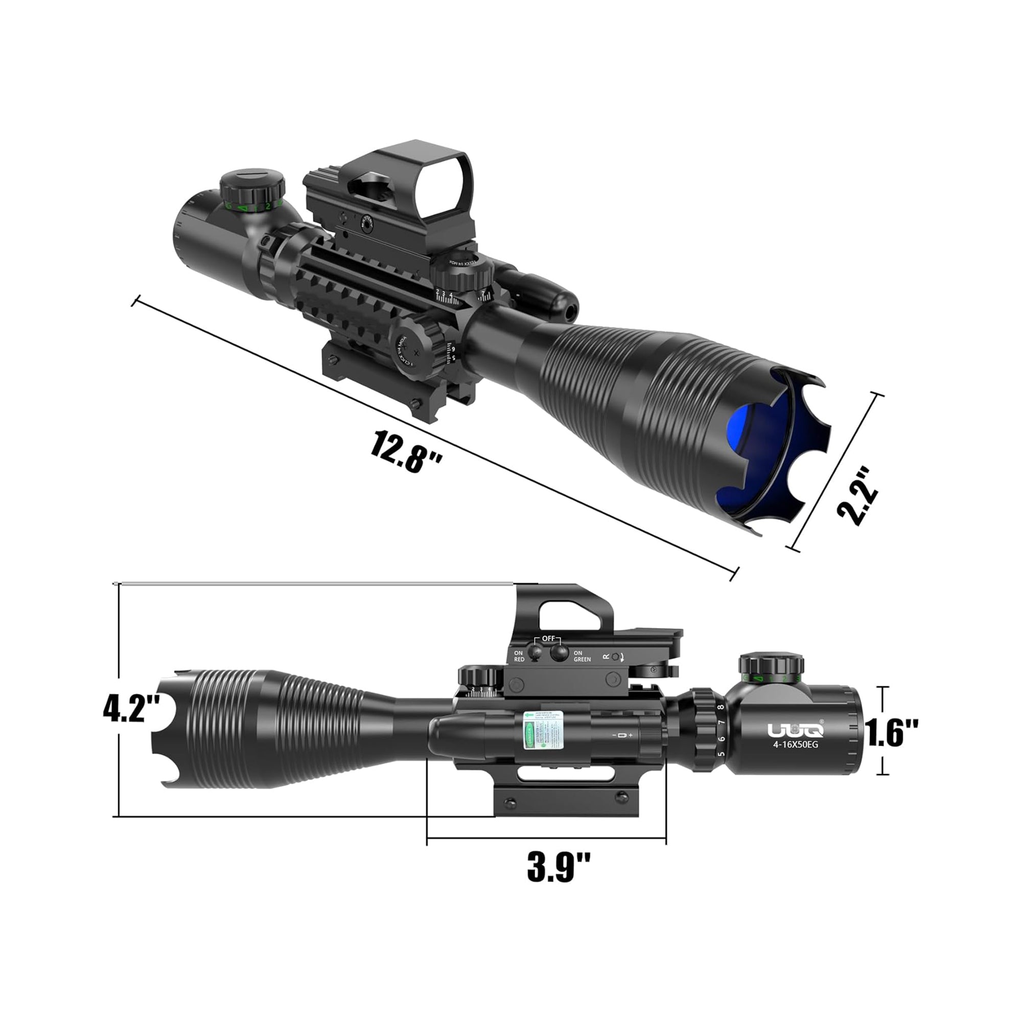 Legion 4-16x50 Precision Sniper 3 in 1 Combo Scope with Green Laser With Upgraded Dot Sight, showing 12.8" length.