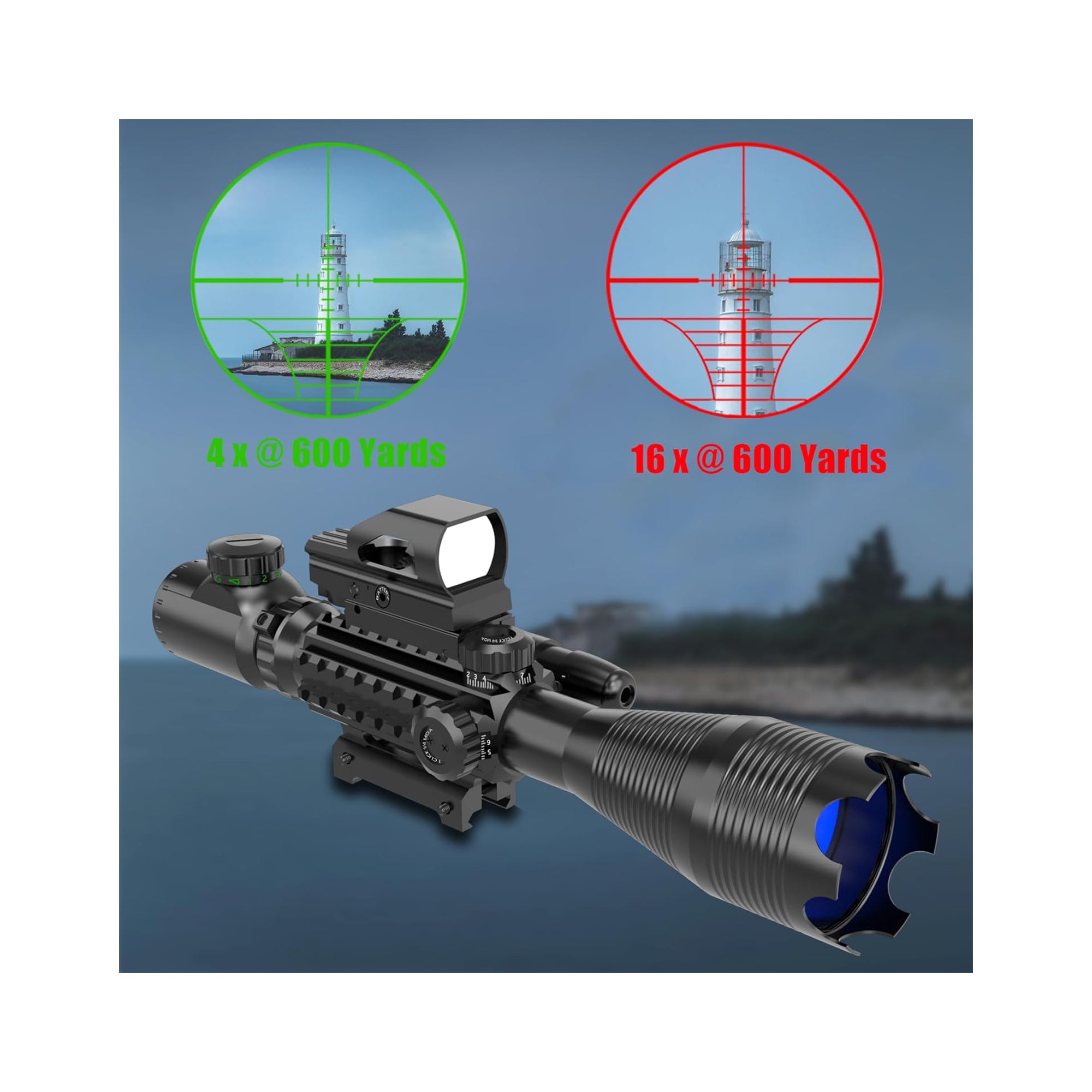 Legion 4-16x50 Precision Sniper 3 in 1 Combo Scope with Green Laser With Upgraded Dot Sight, showing illuminated reticles.