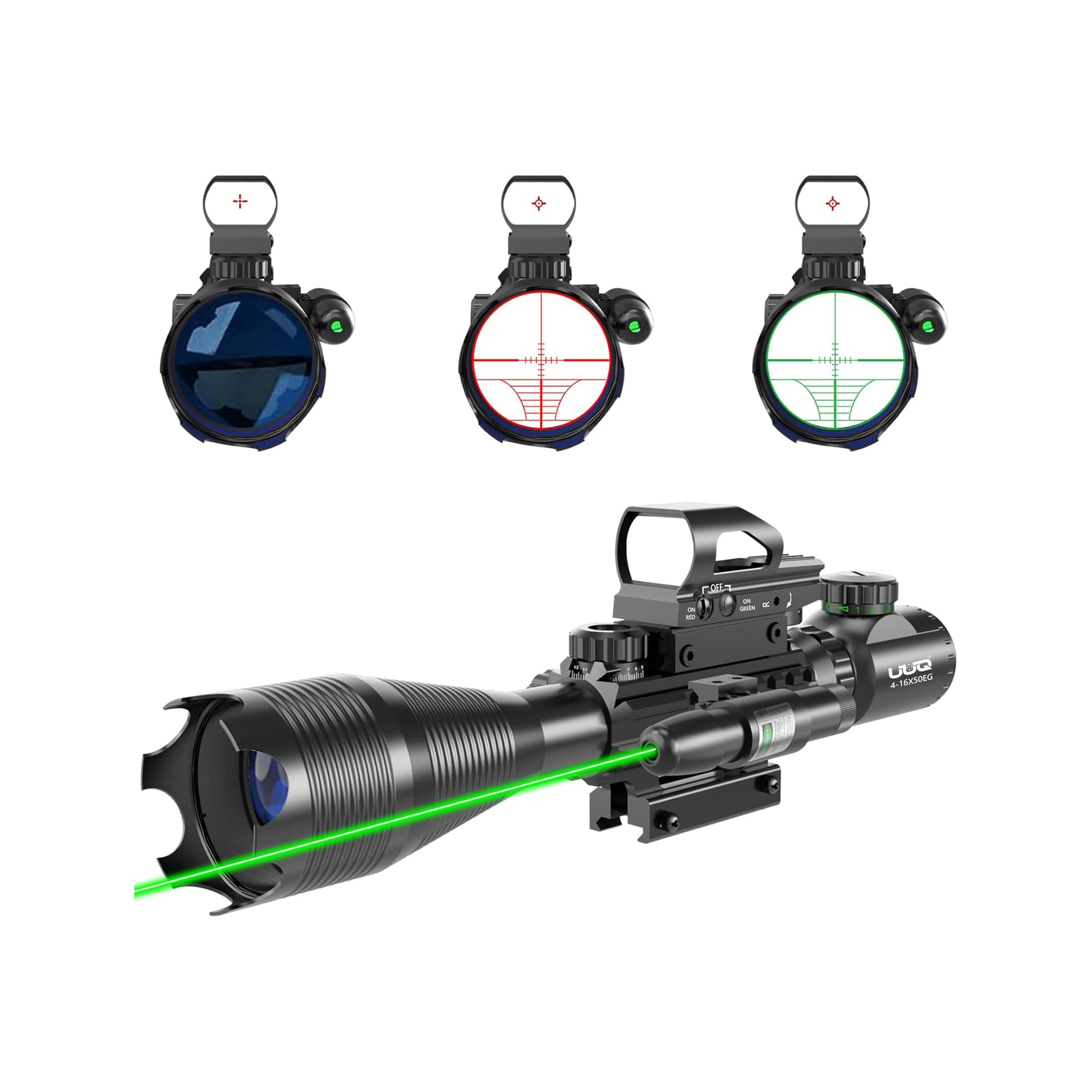 Legion 4-16x50 Precision Sniper 3 in 1 Combo Scope with Green Laser With Upgraded Dot Sight, showing illuminated reticles.