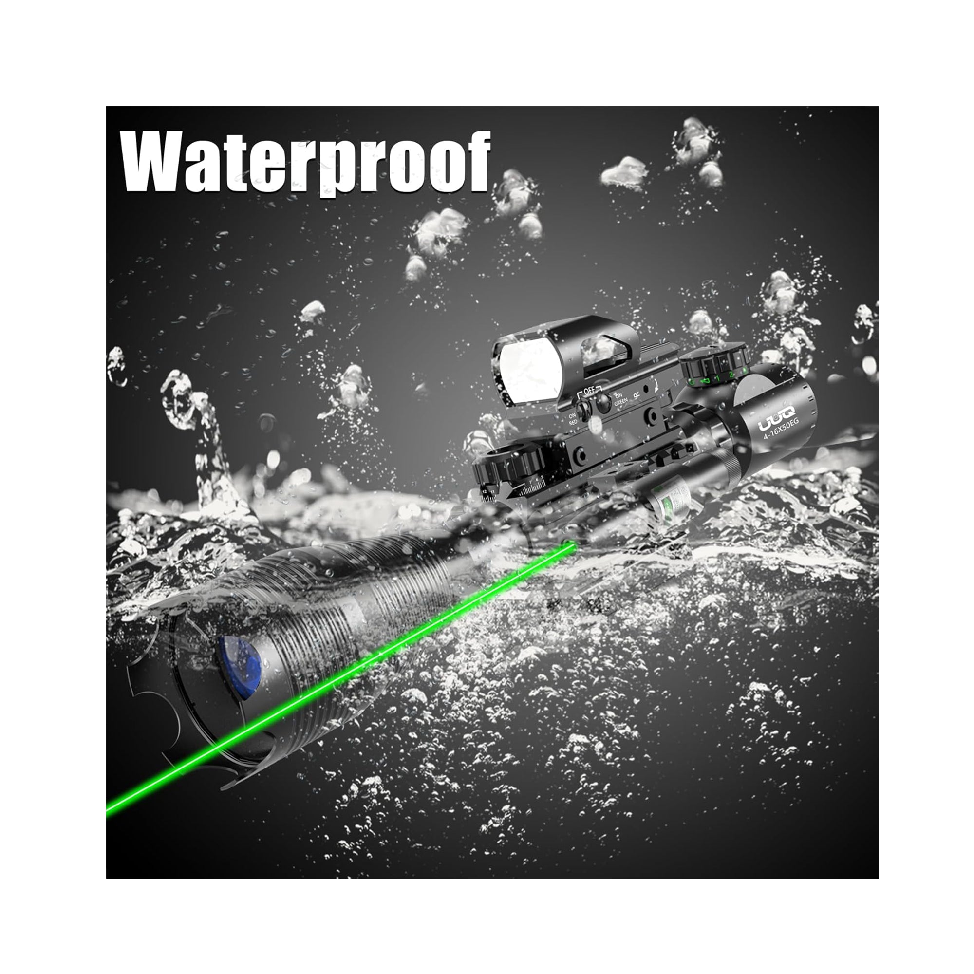 Legion 4-16x50 Precision Sniper 3 in 1 Combo Scope with Green Laser With Upgraded Dot Sight, showing waterproof performance.