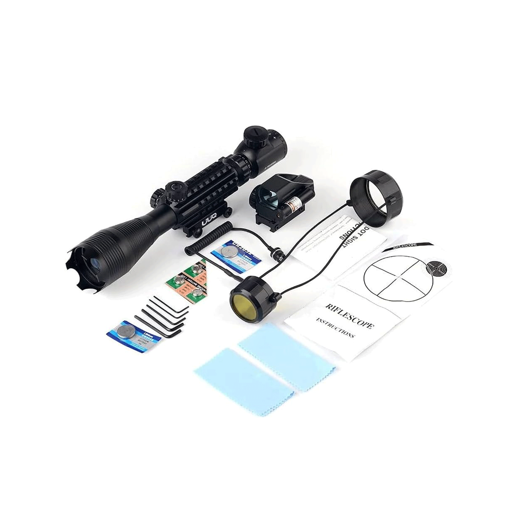 Legion 4-16x50 Precision Sniper 3 in 1 Combo Scope with Red Laser, showing included accessories and lens covers.