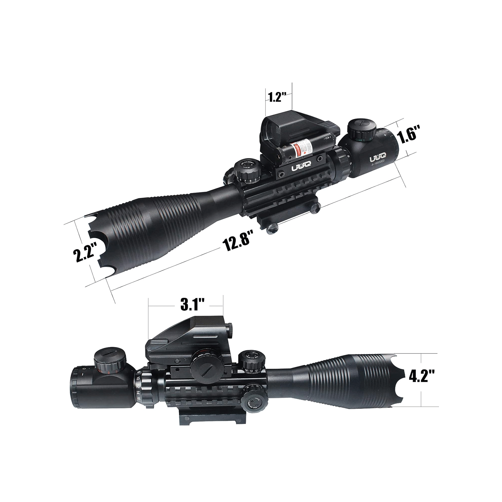 Legion 4-16x50 Precision Sniper 3 in 1 Combo Scope with Red Laser, diagram showing 12.8-inch product dimensions and profile.