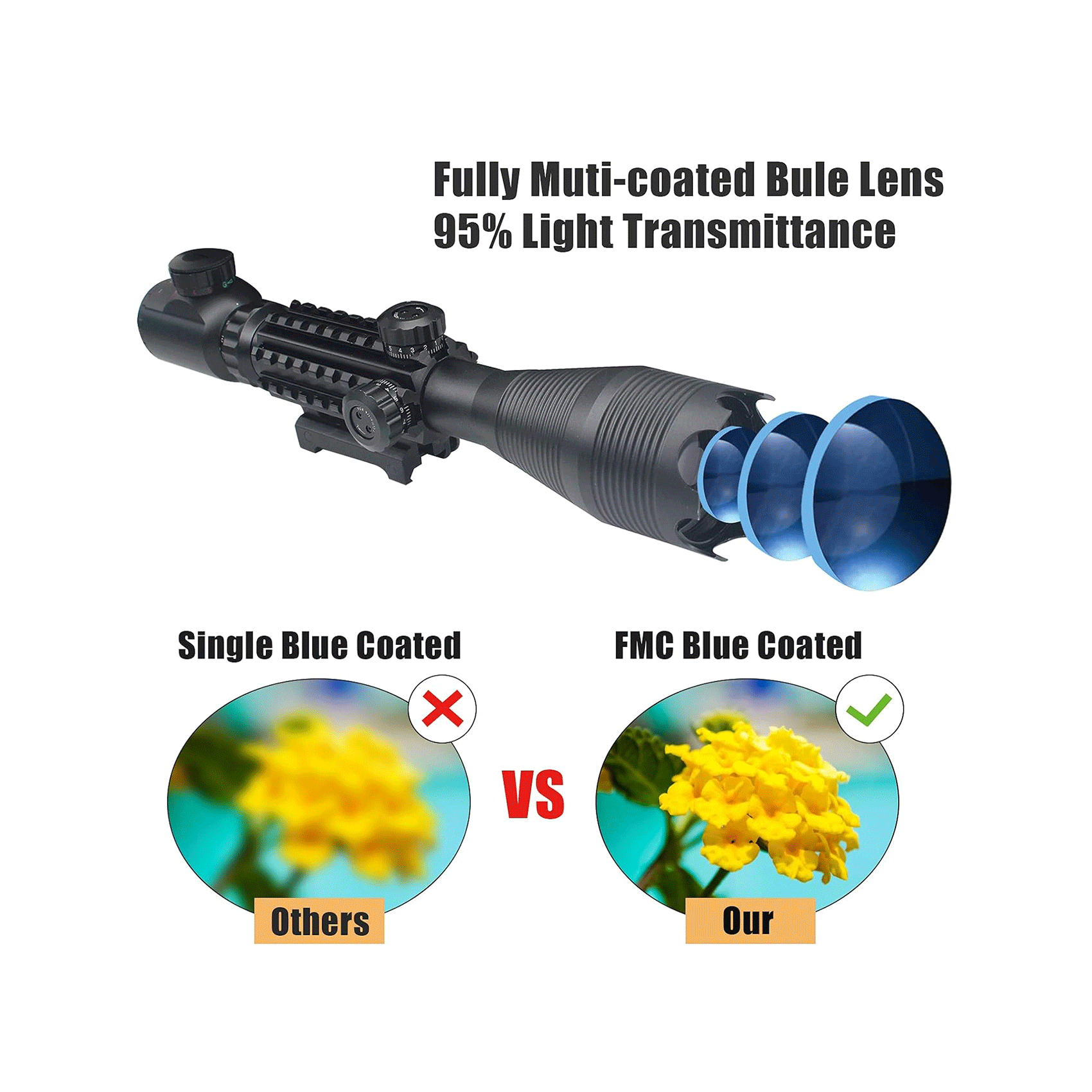 Legion 4-16x50 Precision Sniper 3 in 1 Combo Scope with Red Laser, featuring FMC blue lens for 95% light transmittance.