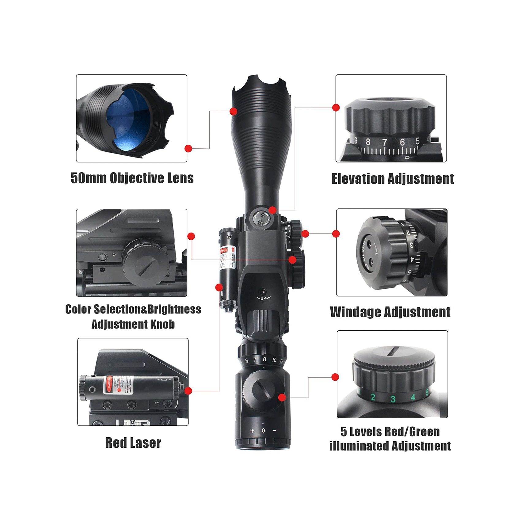 Legion 4-16x50 Precision Sniper 3 in 1 Combo Scope with Red Laser, diagram showing 50mm lens, dot sight and adjustments.