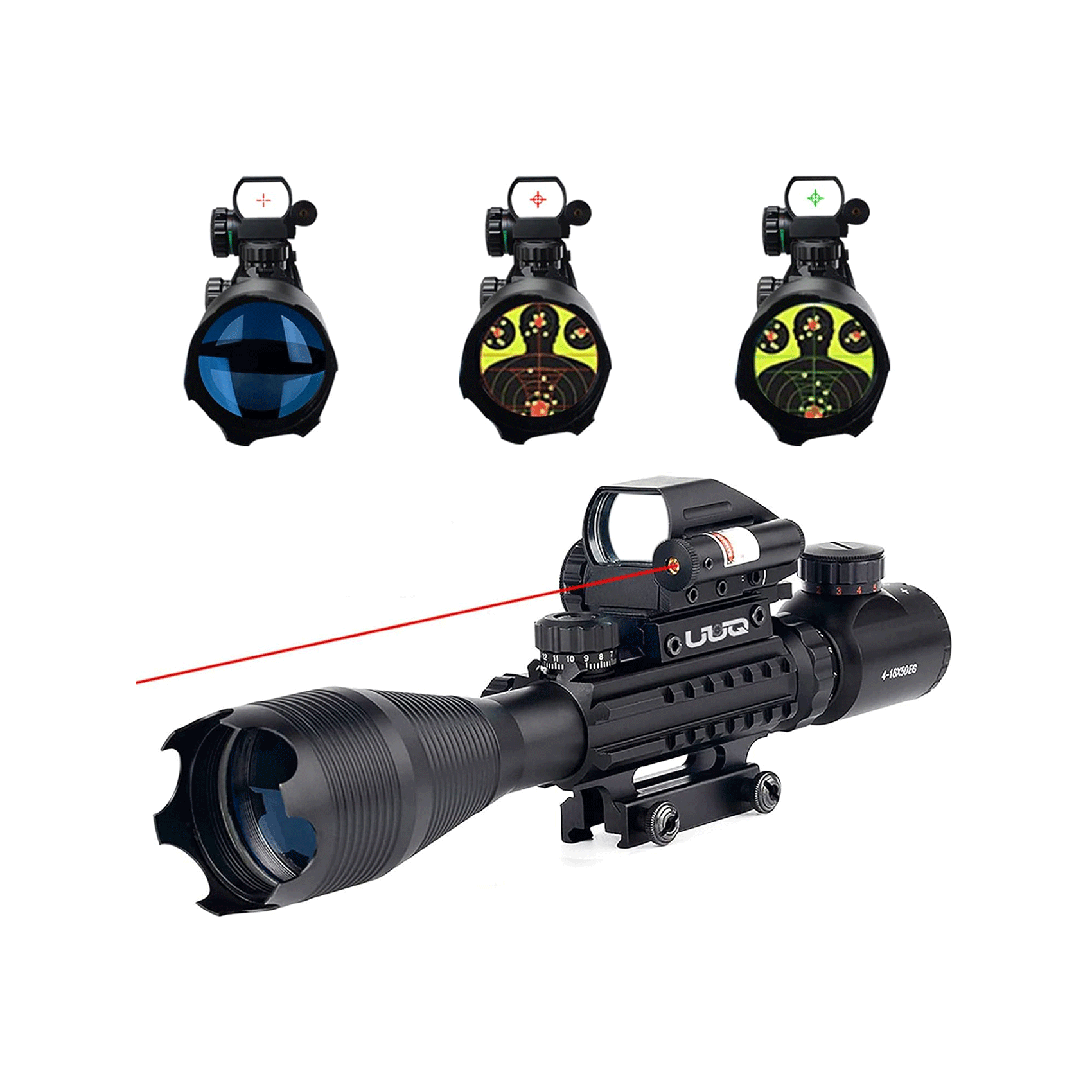Legion 4-16x50 Precision Sniper 3 in 1 Combo Scope with Red Laser, showing illuminated reticles and top reflex sight.