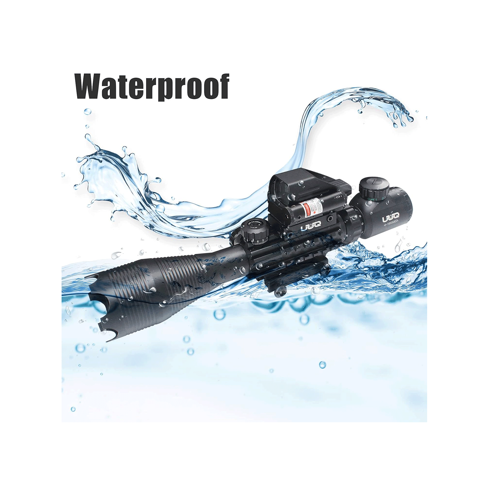 Legion 4-16x50 Precision Sniper 3 in 1 Combo Scope with Red Laser, submerged in water showing waterproof feature.