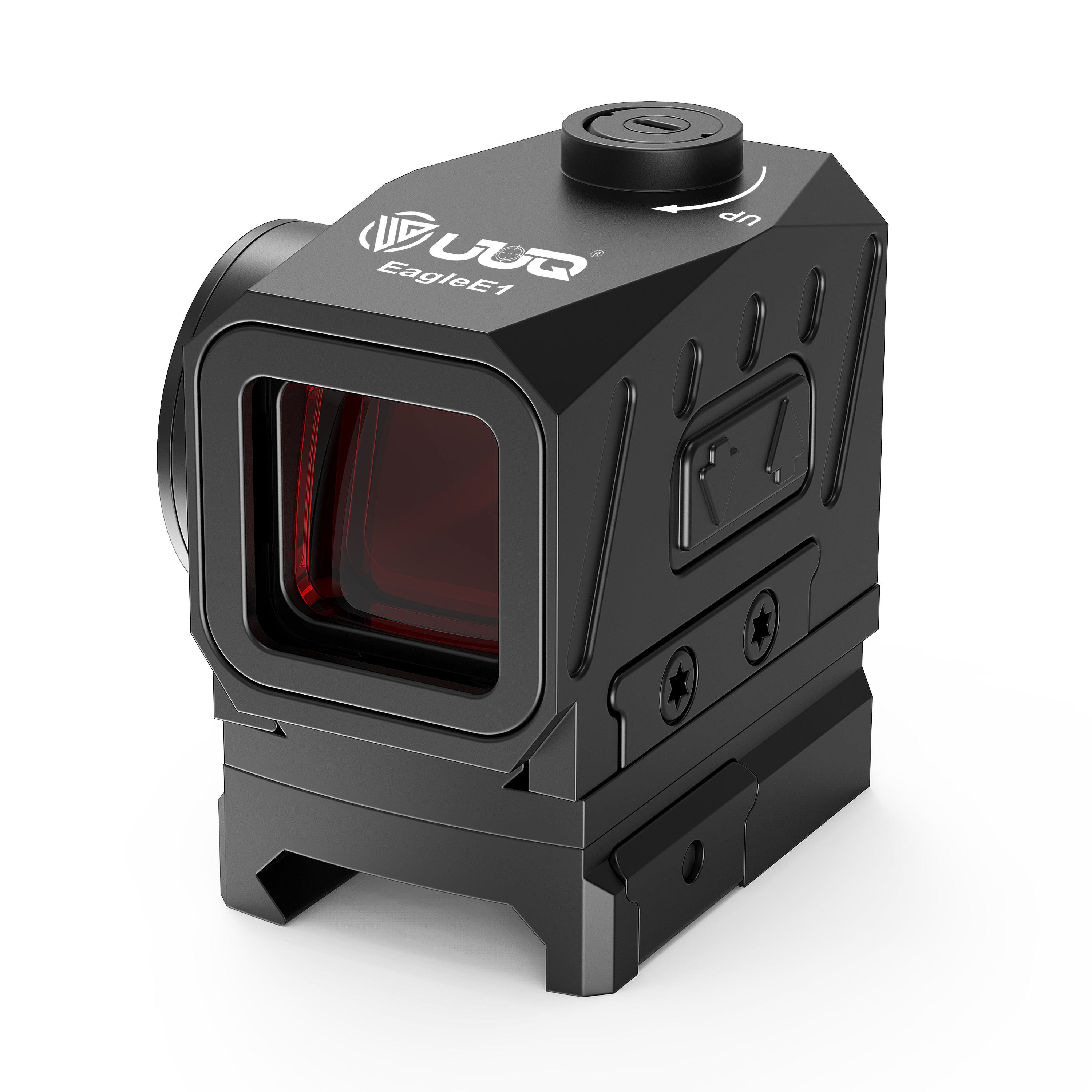UUQ EagleE1 Enclosed Red Dot Sight with matte black finish and integrated Picatinny rail mount, front perspective view.