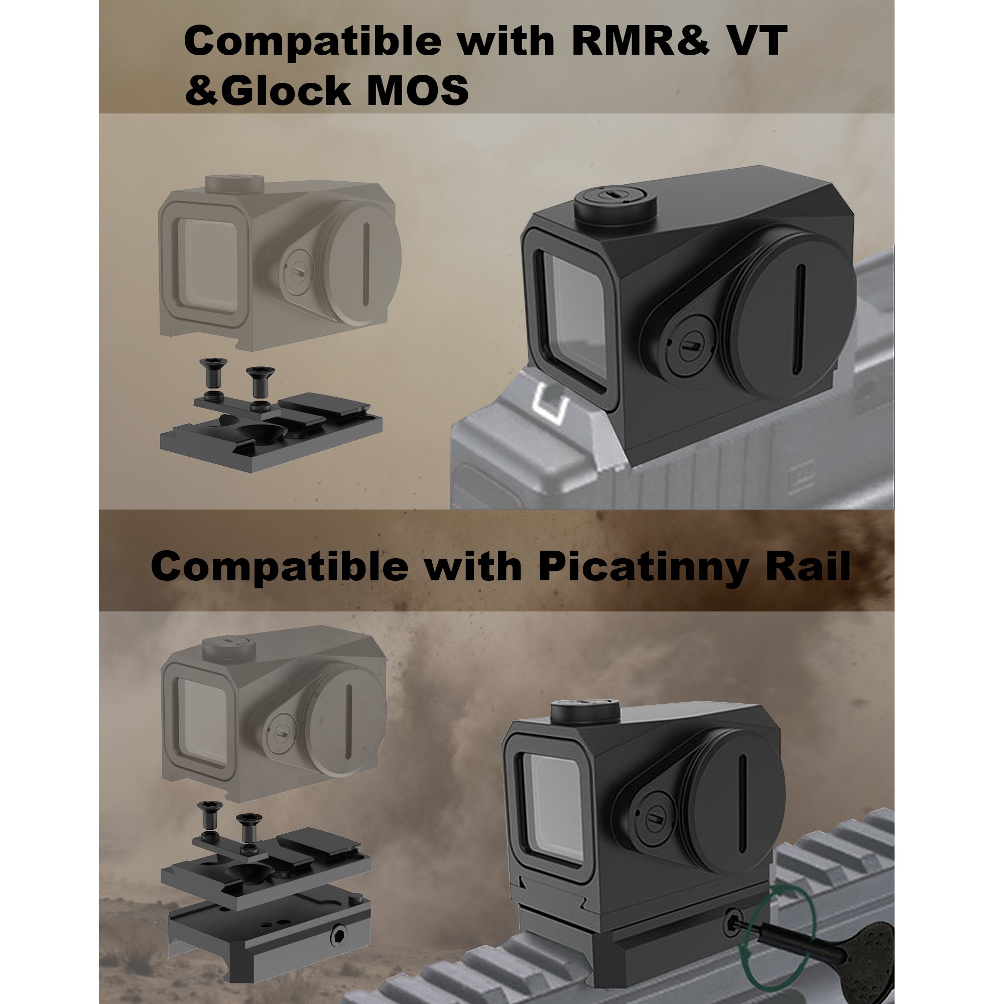 UUQ EagleE1 Enclosed Red Dot Sight compatible with RMR, VT, Glock MOS, and Picatinny rail mounting systems.