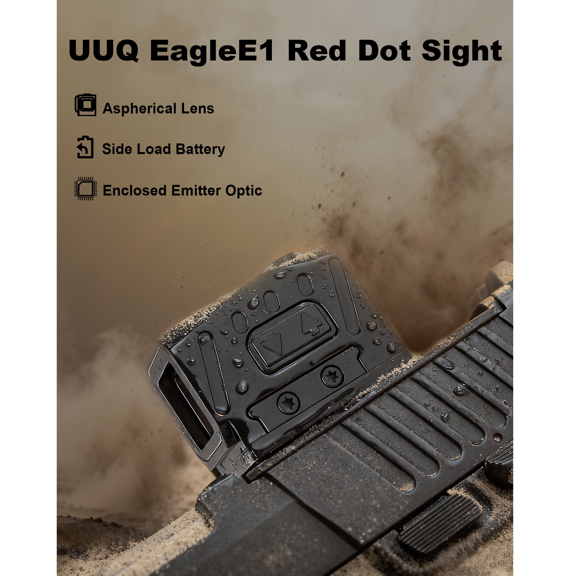 UUQ EagleE1 Enclosed Red Dot Sight features: aspherical lens, side load battery, and enclosed emitter optic.