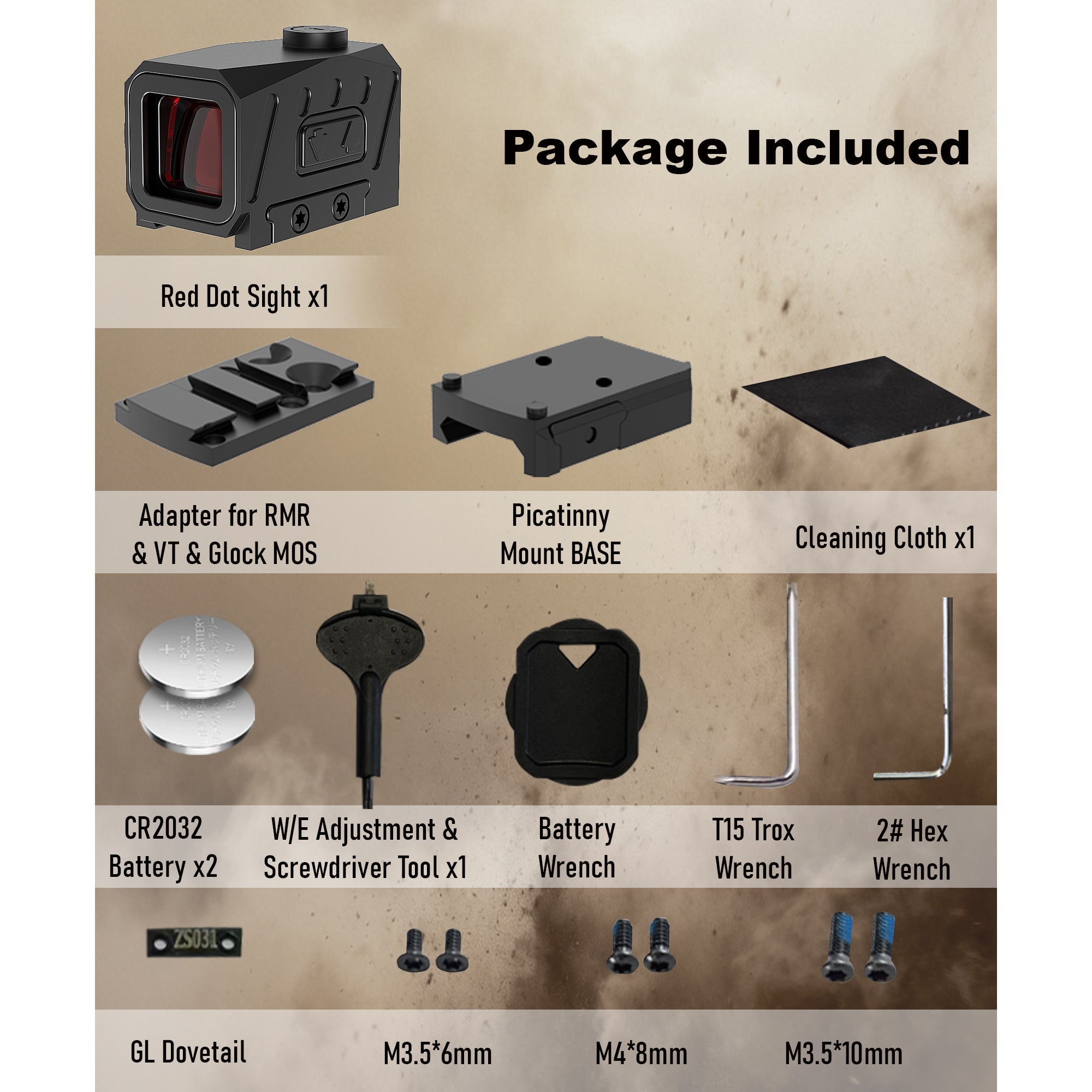 UUQ EagleE1 Enclosed Red Dot Sight package contents: accessories, RMR/Glock MOS adapters, tools, and batteries.