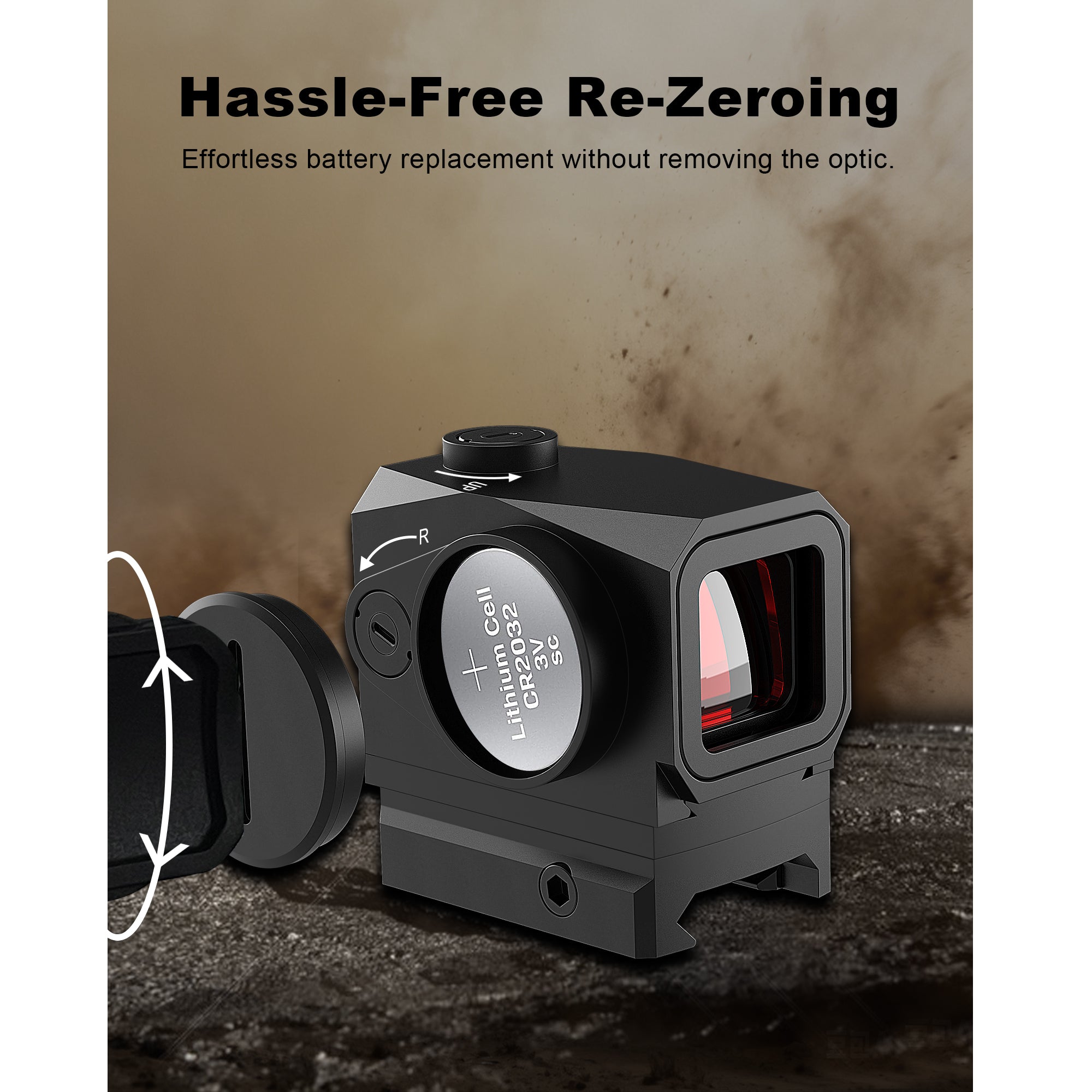 UUQ EagleE1 Enclosed Red Dot Sight featuring side-load battery for effortless replacement without re-zeroing.