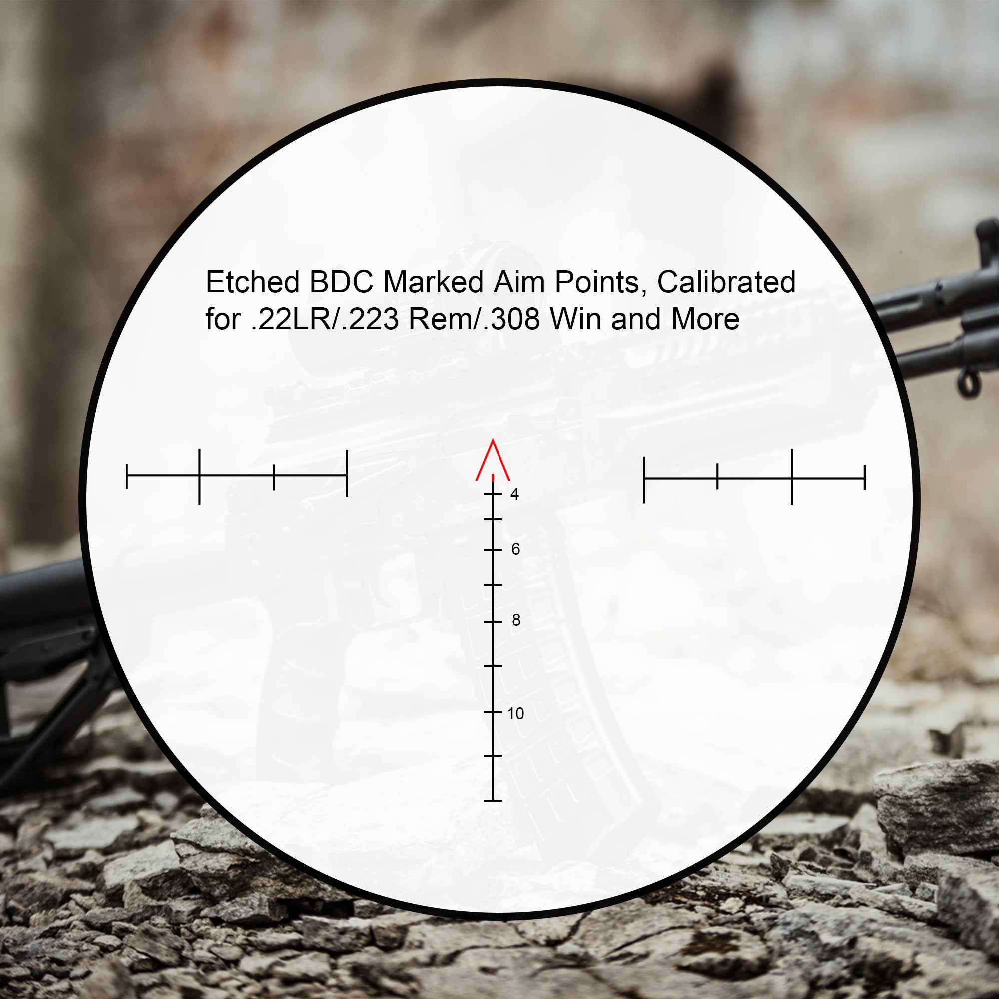 Etched BDC reticle calibrated for .22LR, .223, and .308 on UUQ Ranger-ER 3x32 Scope.
